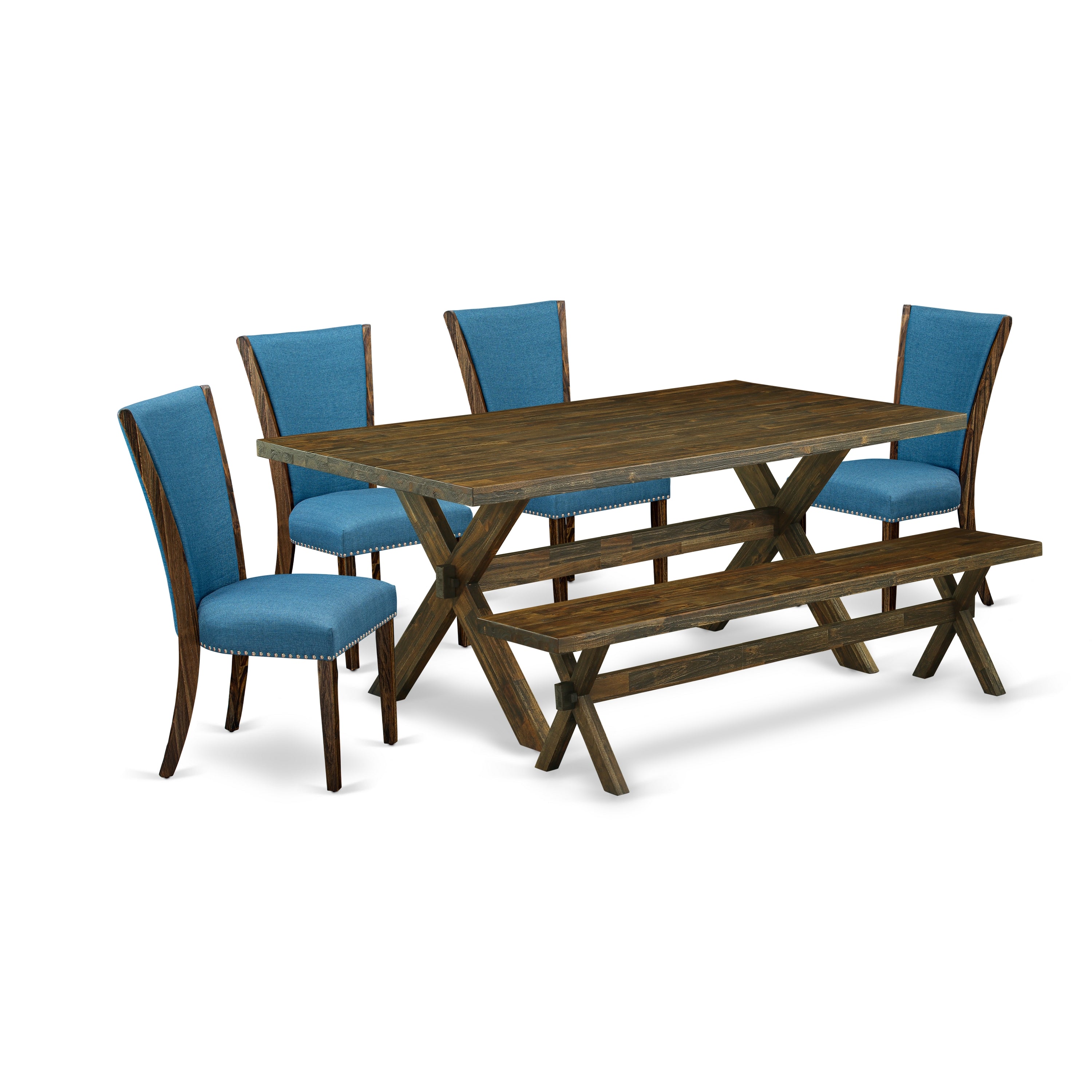 East West Furniture X777VE721-6 6 Piece Mid Century Dining Set - 4 Blue Linen Fabric Dining Room Chairs with Nailheads and Distressed Jacobean Wood Table - 1 Small Bench - Distressed Jacobean Finish