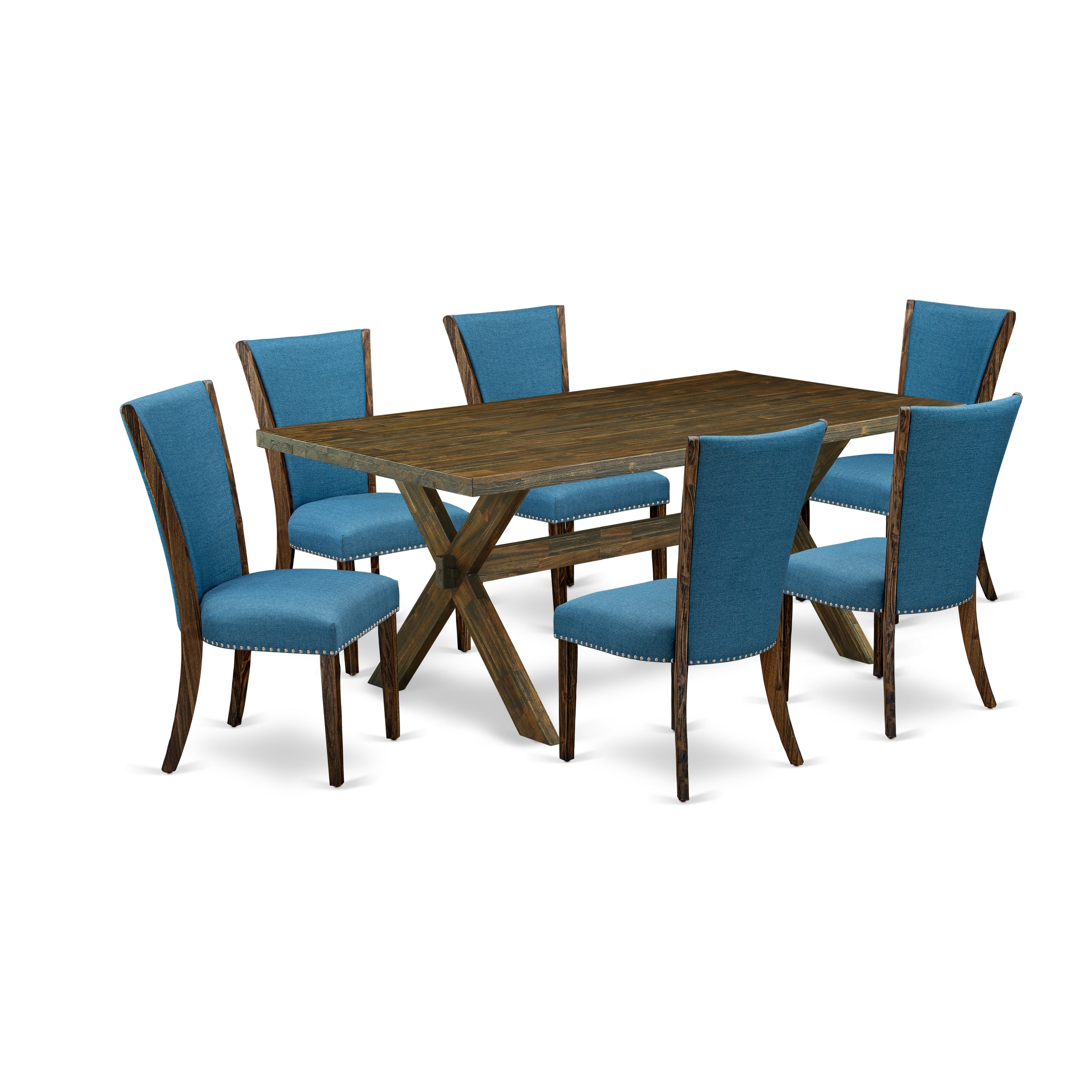 Juego de comedor de 7 piezas East West Furniture X777VE721-7 compuesto por una mesa rectangular con patas en forma de X y 6 sillas Parsons de tela de lino azul.