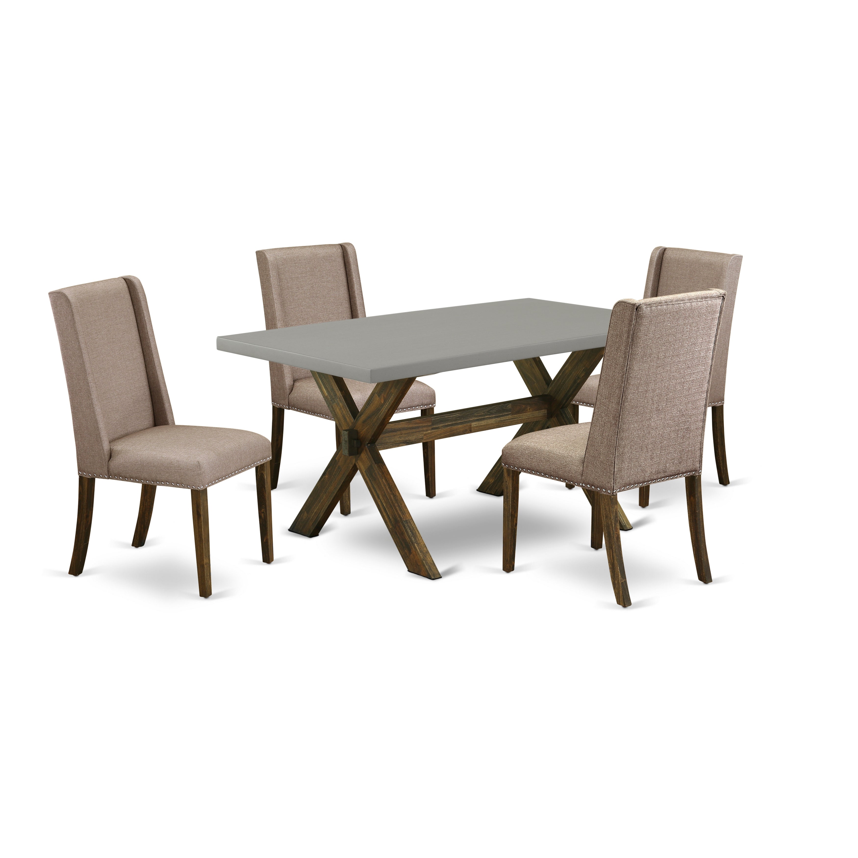 East West Furniture X796FL716-5 5-Pc Dinette SetIncluded 4 Parson Chair Upholstered Seat and Stylish Chair Back and Rectangular Dining Table with Cement Color Kitchen Table top (Distressed Jacobean Finish)
