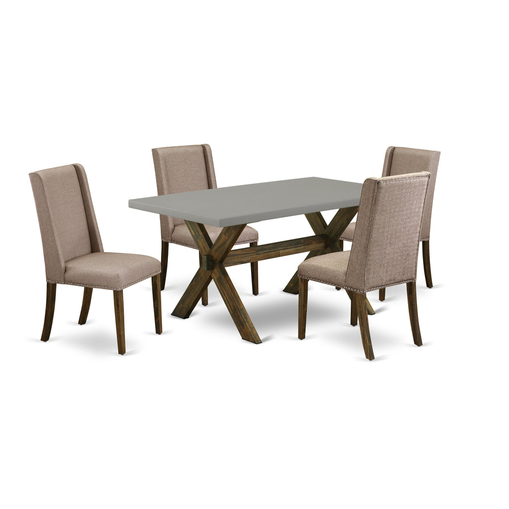 East West Furniture X796FL716-5 5 Piece Modern Dining Table Set Includes a Rectangle Wooden Table with X-Legs and 4 Dark Khaki Linen Fabric Parsons Dining Chairs