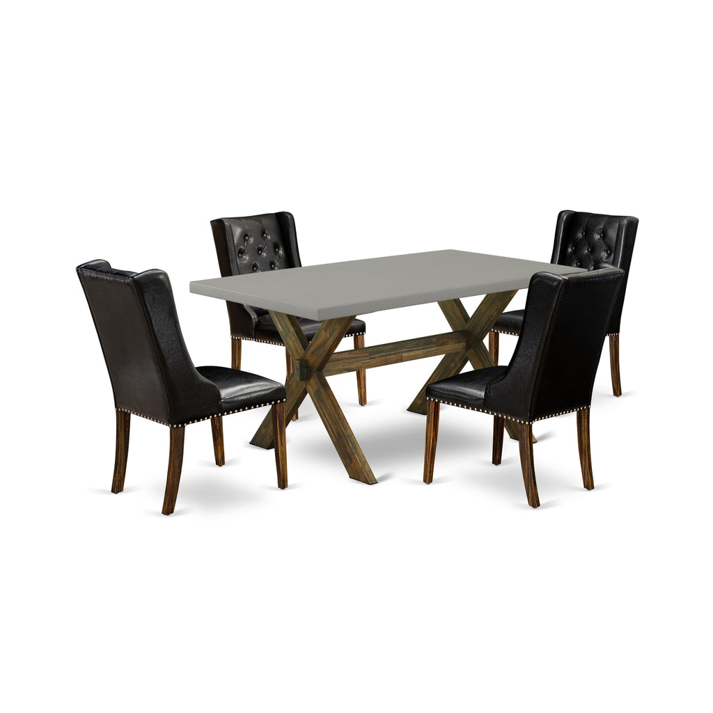 Juego de mesa y sillas de cocina de 5 piezas East West Furniture X796FO749-5. Incluye una mesa de comedor rectangular con patas en forma de X y 4 sillas de comedor Parson de piel sintética negra.
