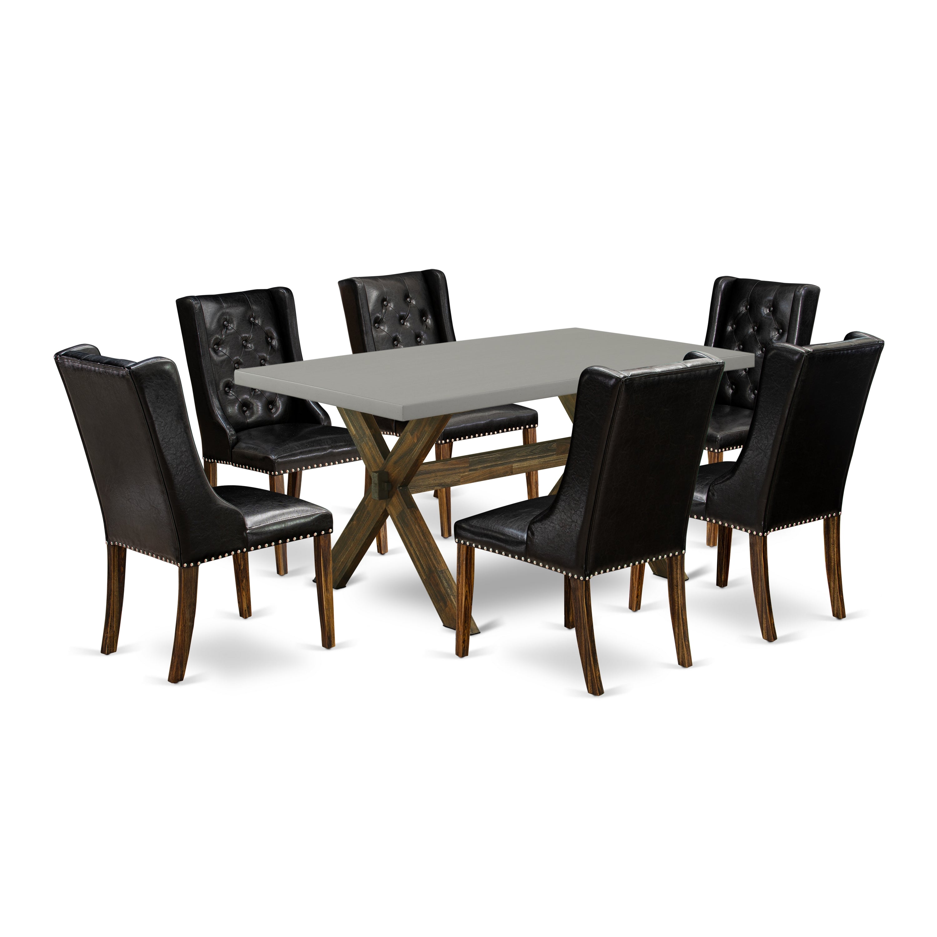 Juego de comedor de 7 piezas East West Furniture X796FO749-7 compuesto por una mesa de comedor rectangular con patas en forma de X y 6 sillas tapizadas en piel sintética negra.