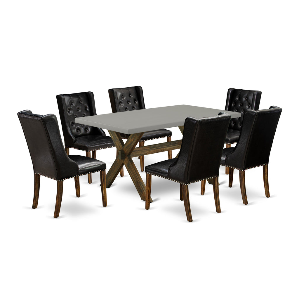 Juego de comedor de 7 piezas East West Furniture X796FO749-7 compuesto por una mesa de comedor rectangular con patas en forma de X y 6 sillas tapizadas en piel sintética negra.