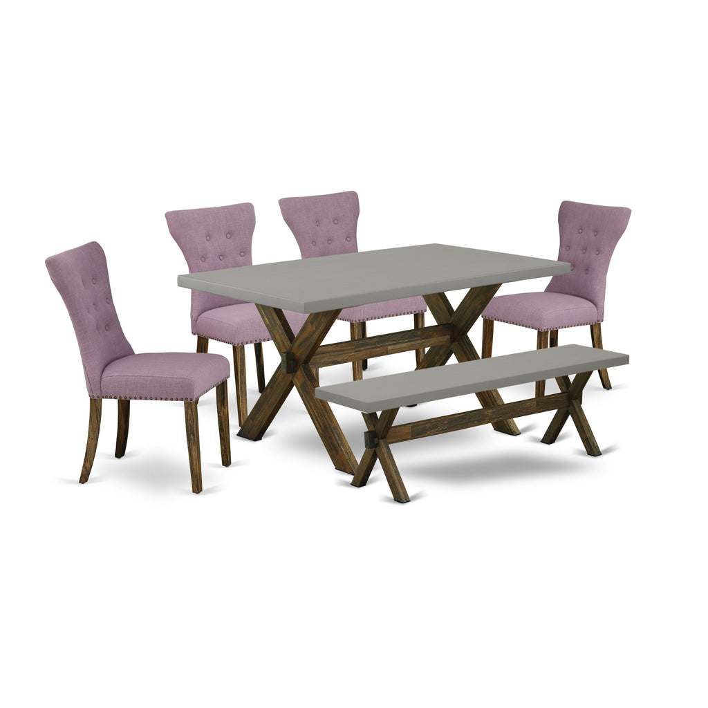 East West Furniture X796GA740-6 6 Piece Dining Room Set Contains a Rectangle Dining Table with X-Legs and 4 Dahlia Linen Fabric Parson Chairs with a Bench, 36x60 Inch, Multi-Color