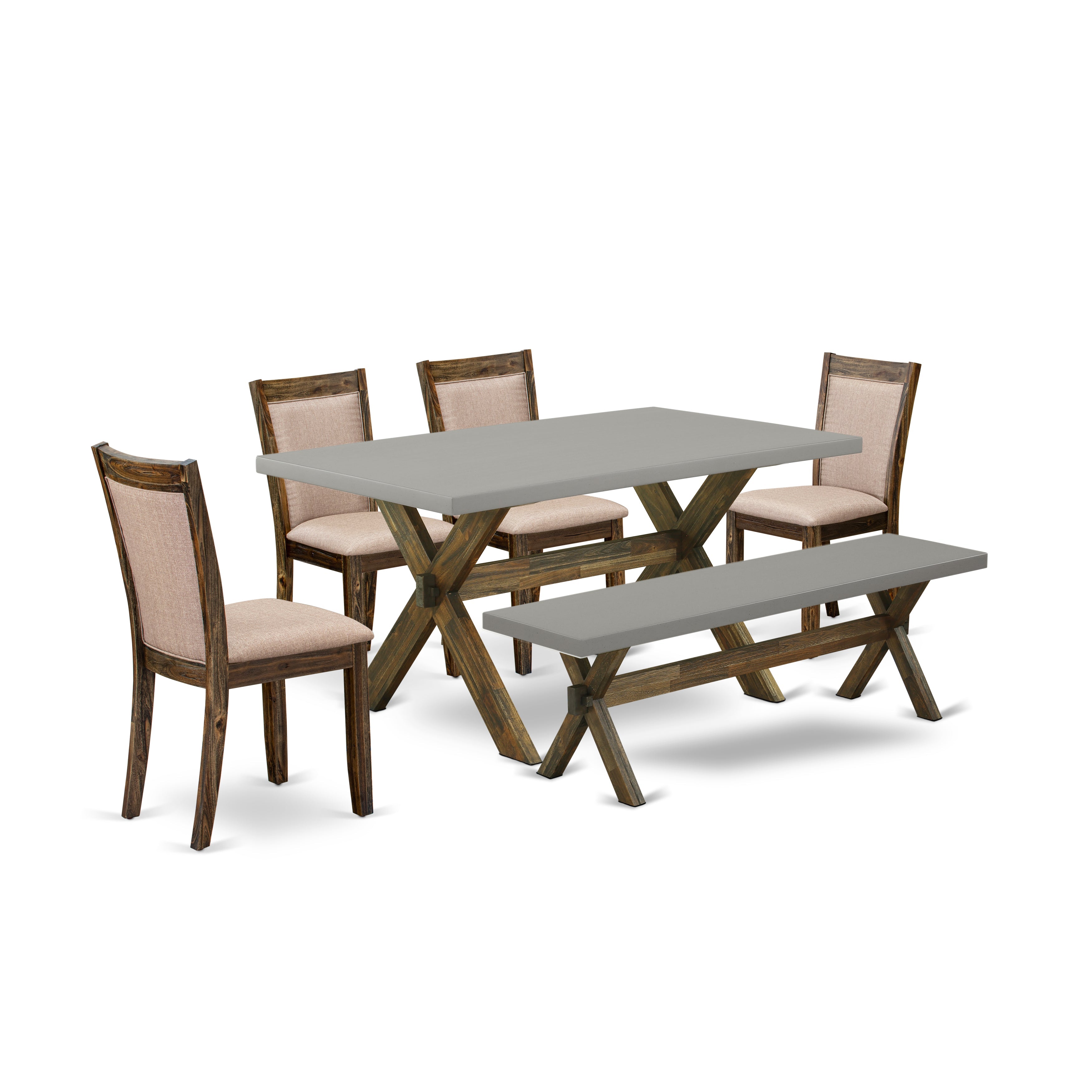 East West Furniture X796MZ716-6 6 Piece Dinning Room Set- A Cement Top Kitchen Table in Trestle Base with Wooden Bench and 4 Dark Khaki Linen Fabric Modern Chairs - Distressed Jacobean Finish