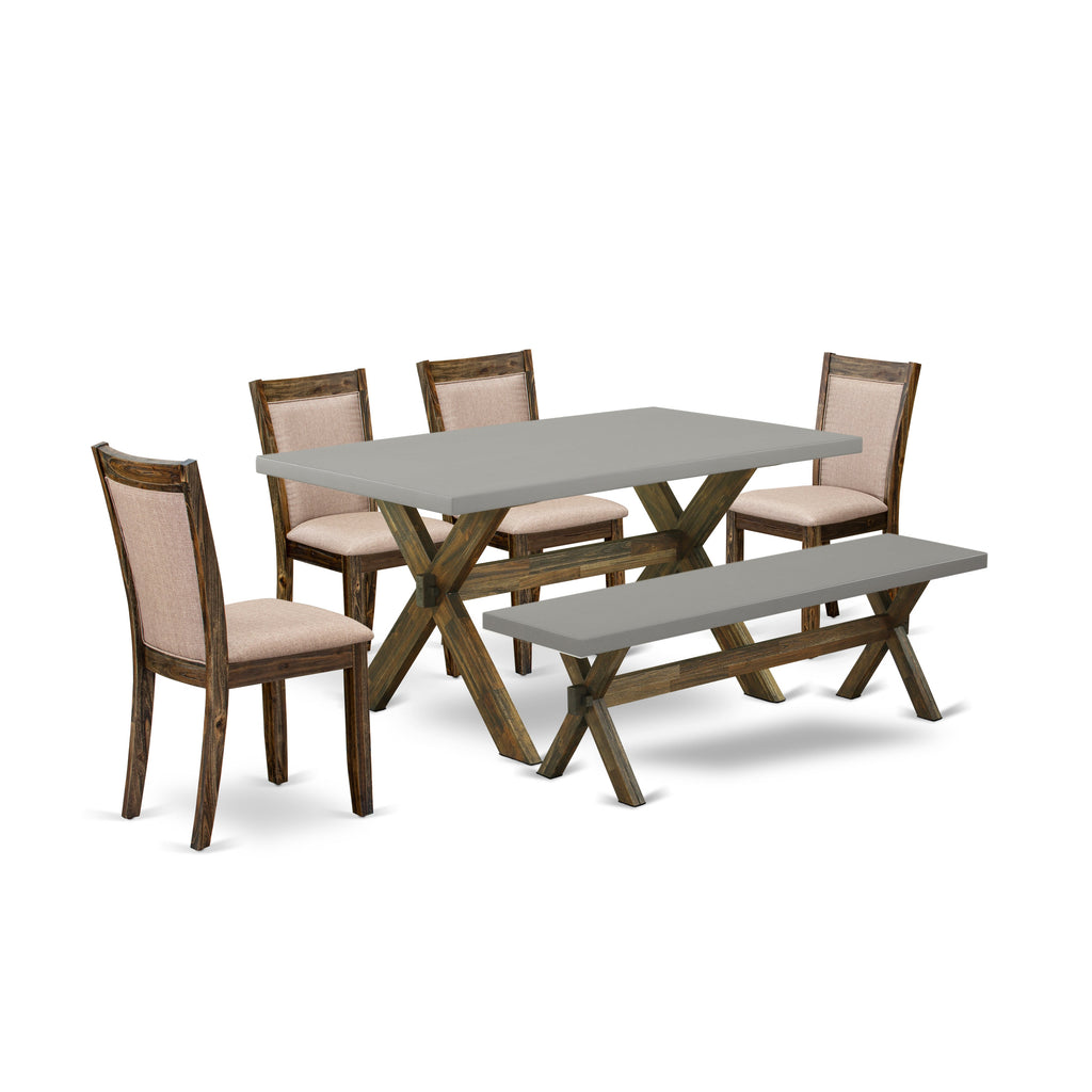 Juego de mesa de comedor de 6 piezas East West Furniture X796MZ716-6. Contiene una mesa de cocina rectangular con patas en forma de X y 4 sillas Parson de tela de lino color caqui oscuro con un banco.