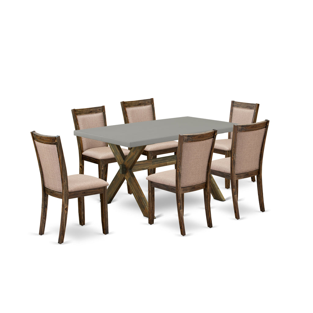 Juego de mesa de comedor East West Furniture X796MZ716-7 de 7 piezas compuesto por una mesa de cocina rectangular con patas en forma de X y 6 sillas tapizadas en tela de lino color caqui oscuro.