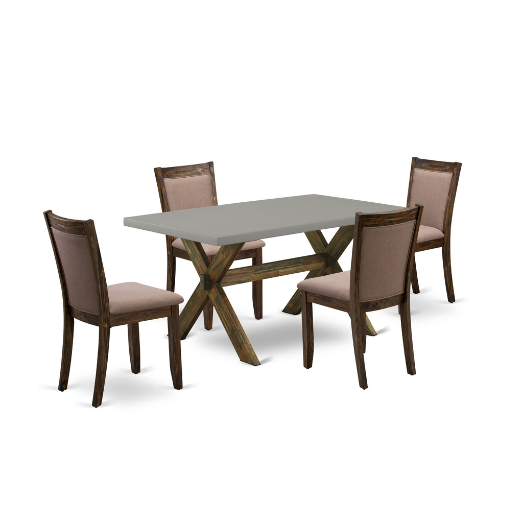 East West Furniture X796MZ748-5 5 Piece Modern Dining Table Set Includes a Rectangle Wooden Table with X-Legs and 4 Coffee Linen Fabric Parsons Dining Chairs