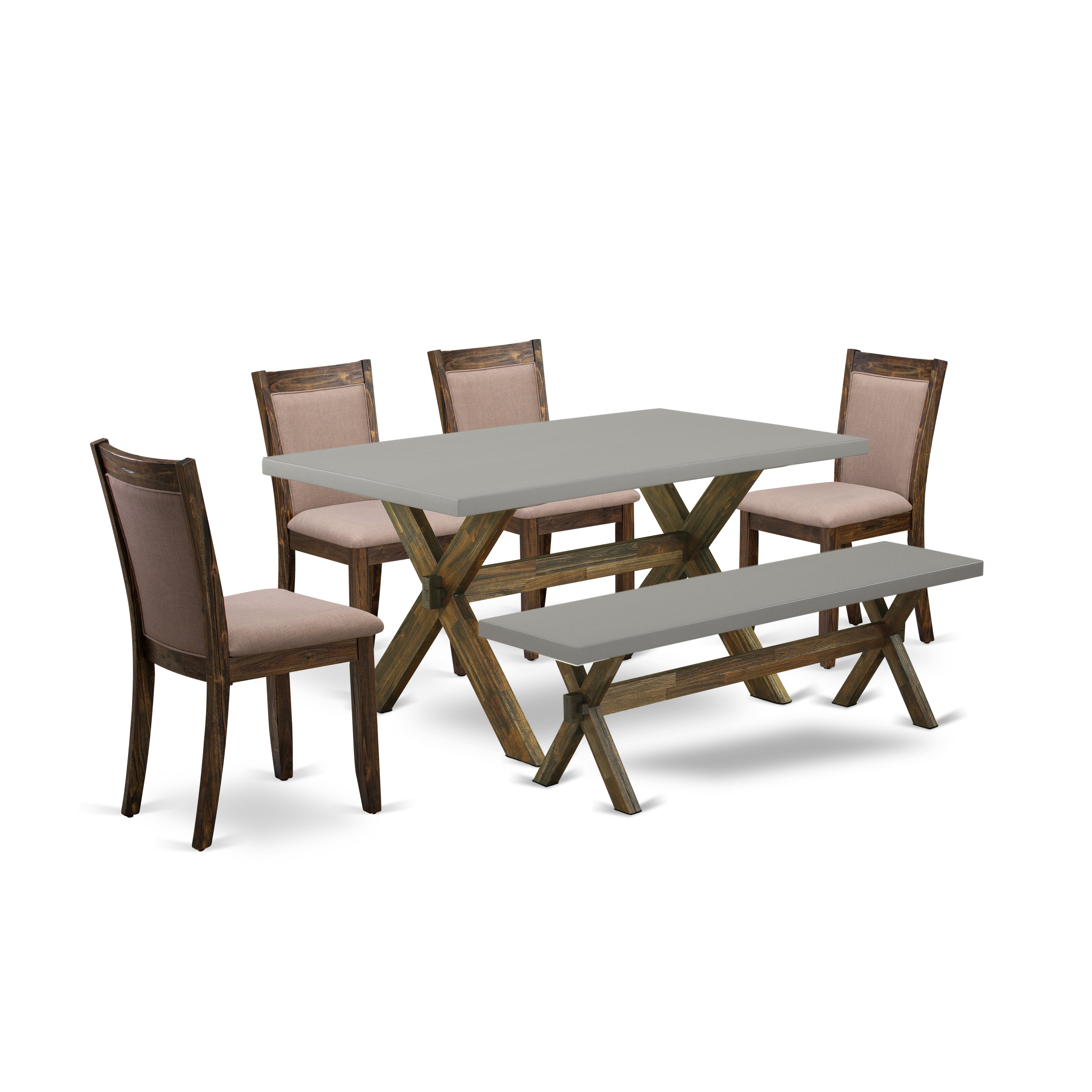 EAST WEST FURNITURE - X796MZ748-6 - 6-Pc Dining Set - 4 Dining Chairs, a Dining Bench and 1 Dining Table (Distressed Jacobean Finish)