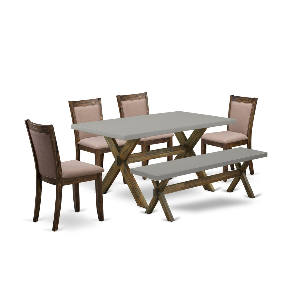 East West Furniture X796MZ748-6 6 Piece Dining Set Contains a Rectangle Dining Room Table with X-Legs and 4 Coffee Linen Fabric Upholstered Chairs with a Bench