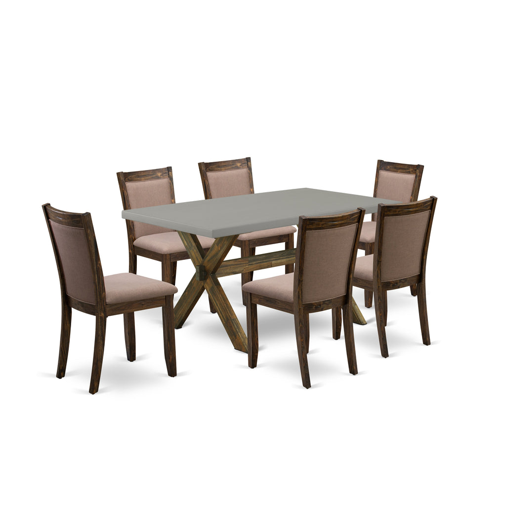 East West Furniture X796MZ748-7 7 Piece Dining Table Set Consist of a Rectangle Dining Room Table with X-Legs and 6 Coffee Linen Fabric Upholstered Chairs