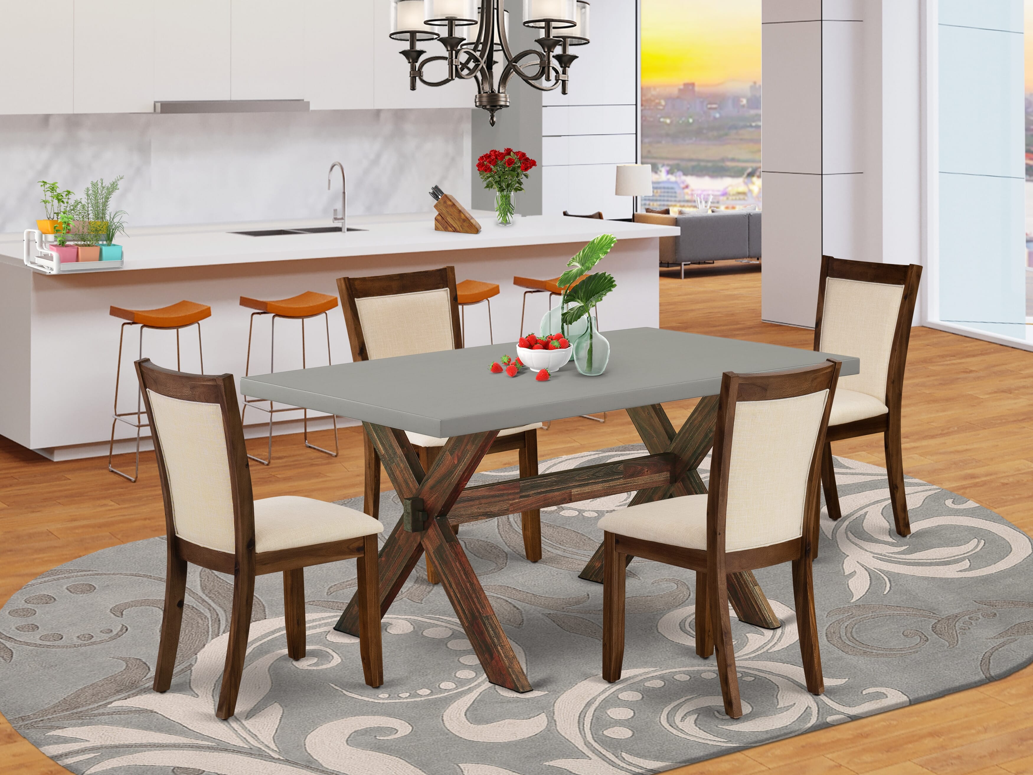 East West Furniture X796MZN32-5 5-Piece Dining Room Table Set Consists of a Mid Century Dining Table and 4 Light Beige Linen Fabric Parsons Chairs with Stylish Back - Distressed Jacobean Finish