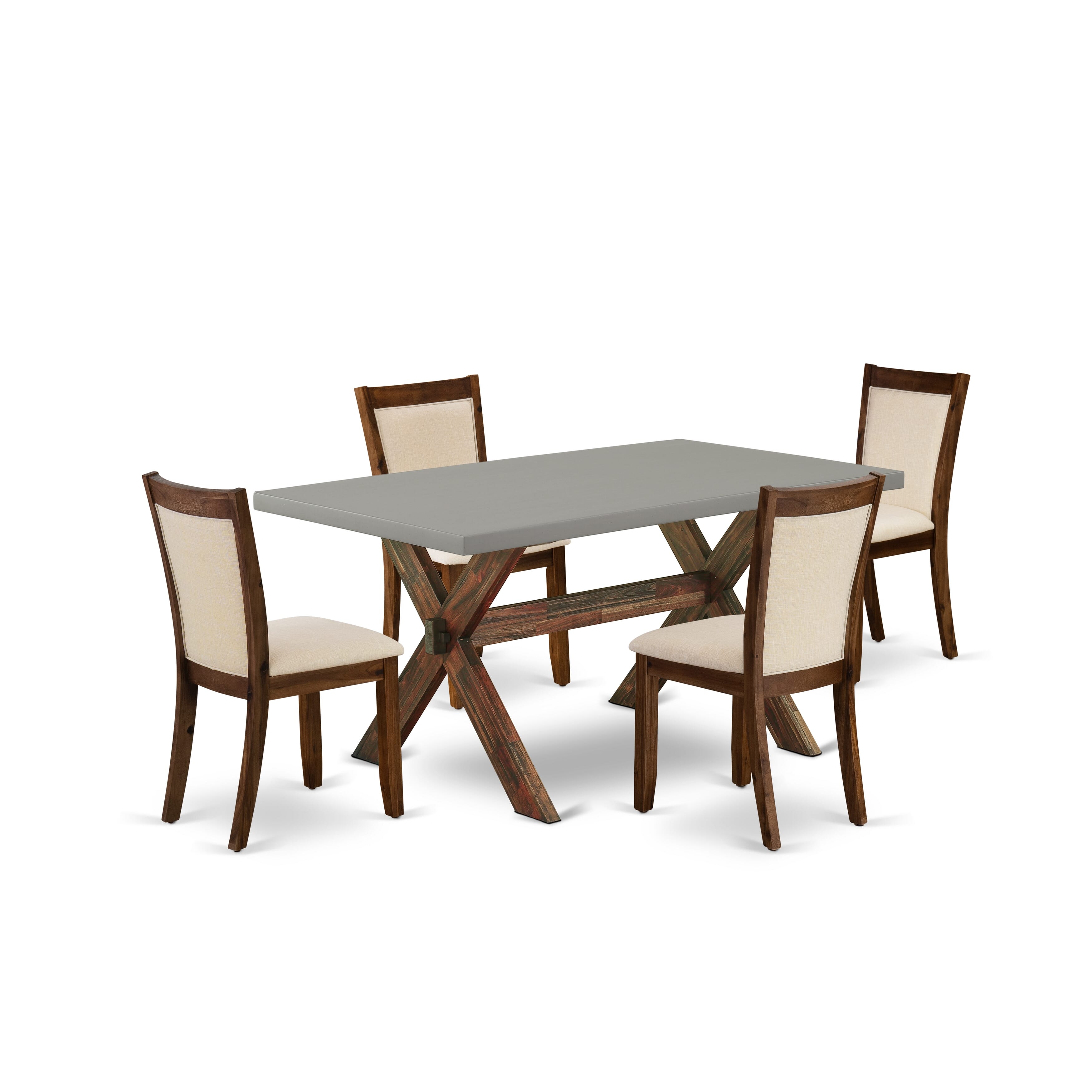 East West Furniture X796MZN32-5 5-Piece Dining Room Table Set Consists of a Mid Century Dining Table and 4 Light Beige Linen Fabric Parsons Chairs with Stylish Back - Distressed Jacobean Finish