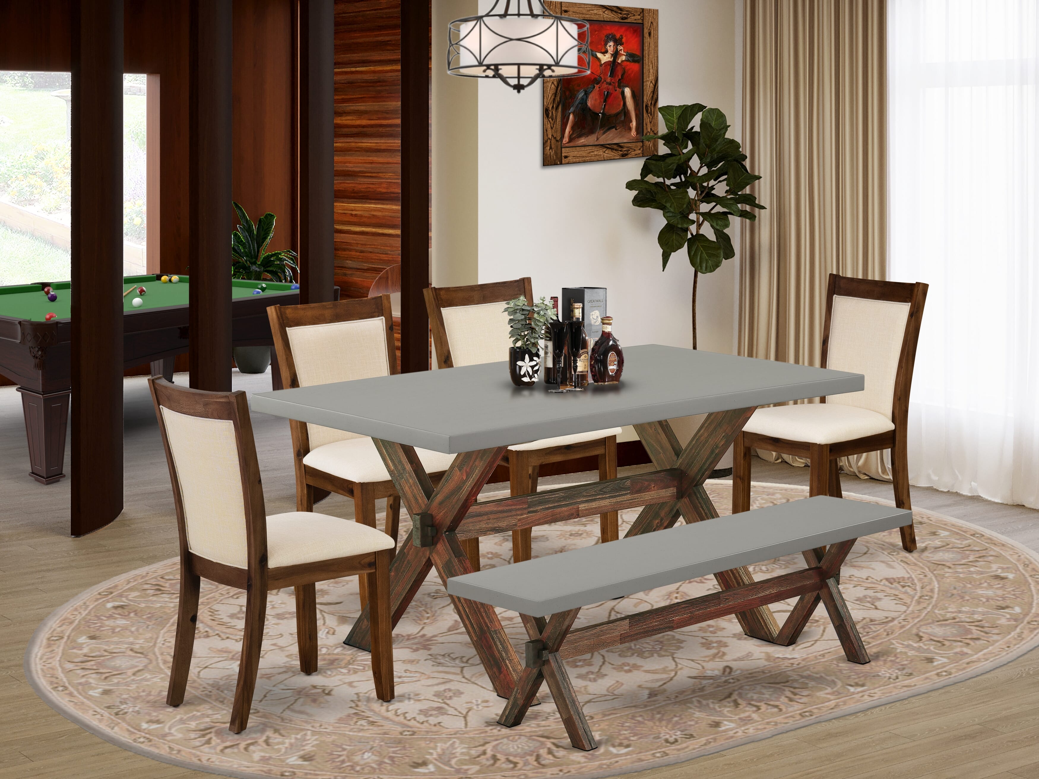 East West Furniture X796MZN32-6 6-Pc Table Set Contains a Rectangular Table and a Small Bench with 4 Light Beige Linen Fabric Parsons Chairs with Stylish Back - Distressed Jacobean Finish