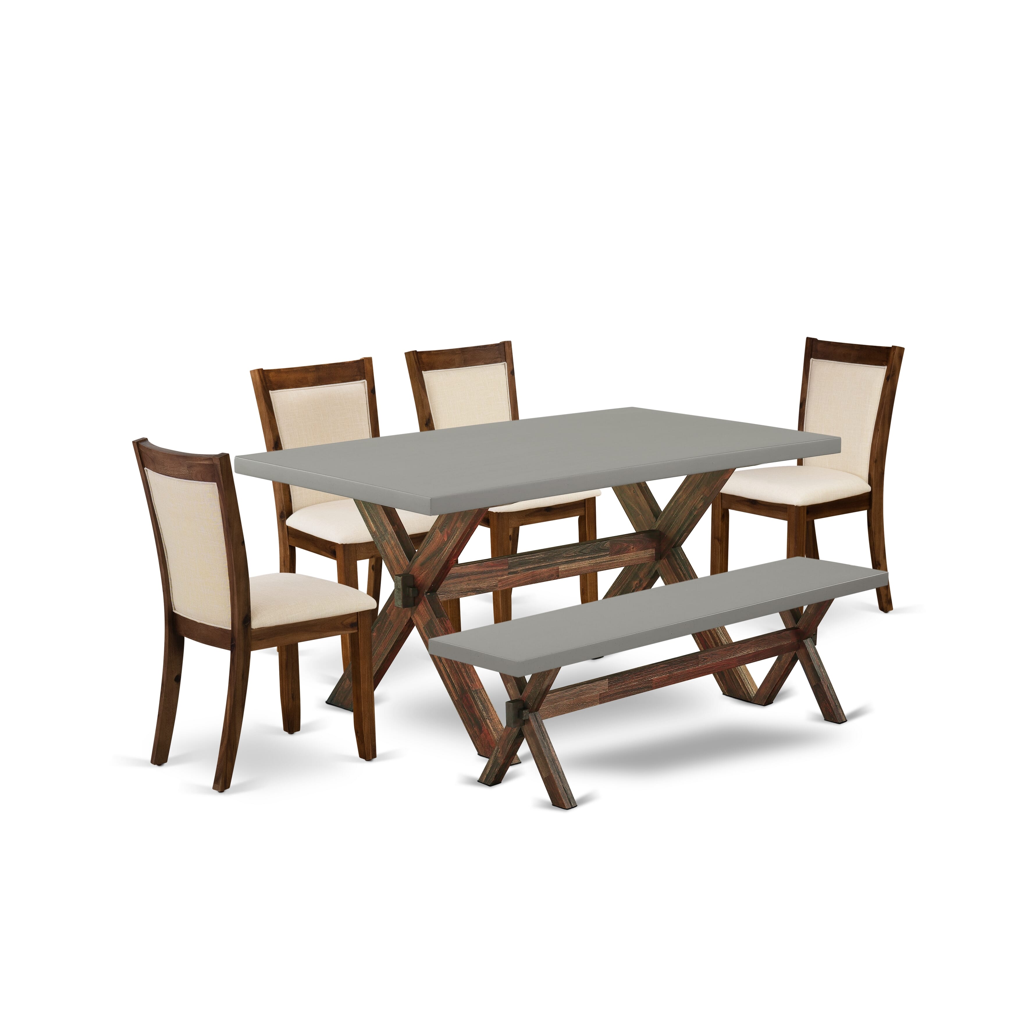 East West Furniture X796MZN32-6 6-Pc Table Set Contains a Rectangular Table and a Small Bench with 4 Light Beige Linen Fabric Parsons Chairs with Stylish Back - Distressed Jacobean Finish