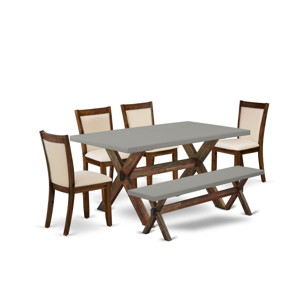 East West Furniture X796MZN32-6 6 Piece Dining Set Contains a Rectangle Dining Room Table with X-Legs and 4 Light Beige Linen Fabric Parson Chairs with a Bench, 36x60 Inch, Multi-Color
