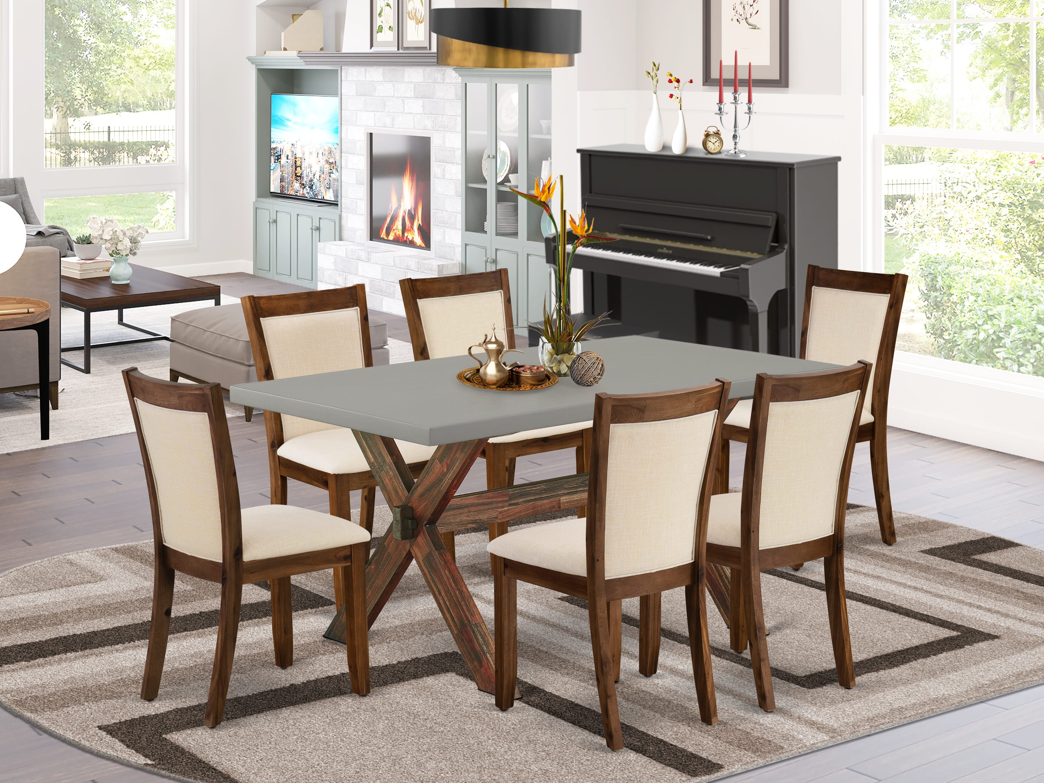 East West Furniture X796MZN32-7 7-Piece Dining Set Includes a Wooden Kitchen Table and 6 Light Beige Linen Fabric Dining Room Chairs with Stylish Back - Distressed Jacobean Finish