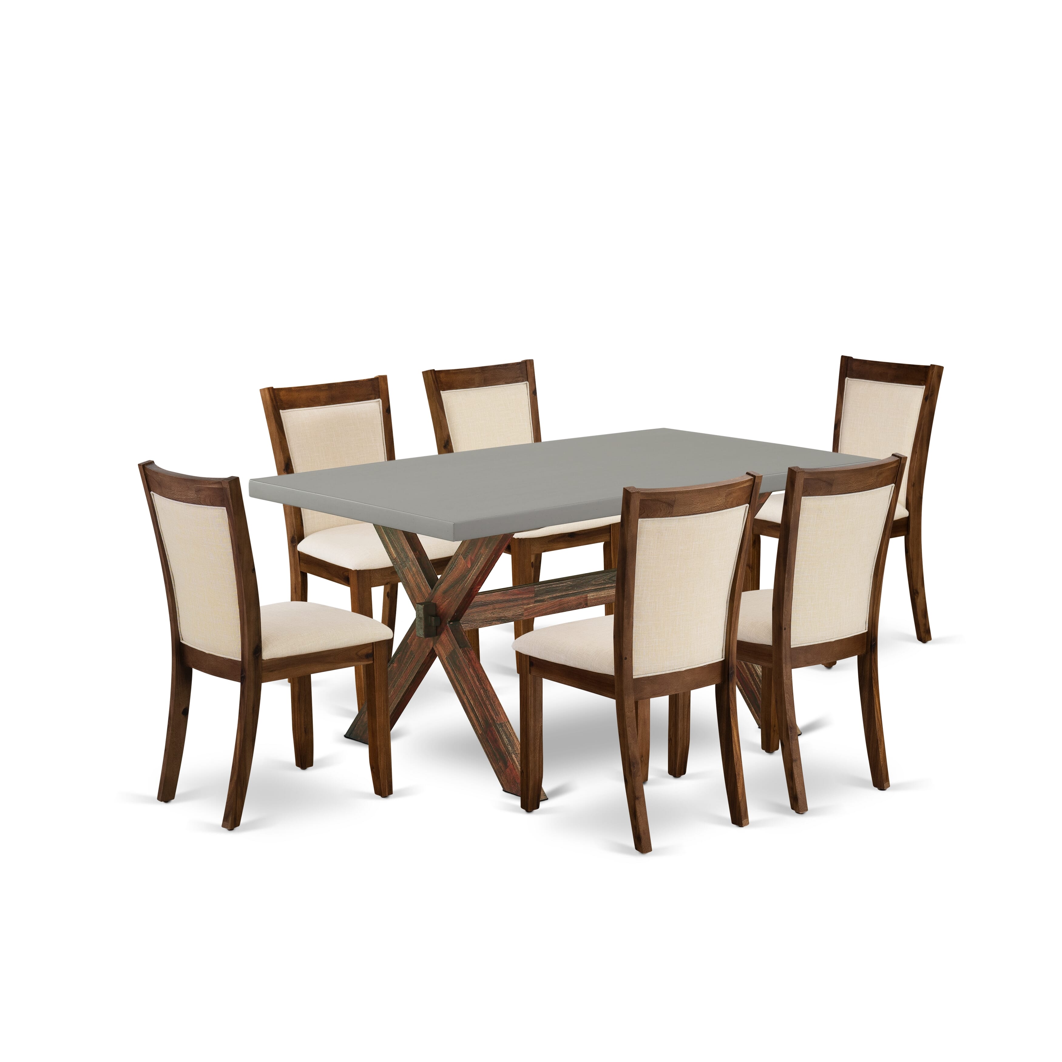 East West Furniture X796MZN32-7 7-Piece Dining Set Includes a Wooden Kitchen Table and 6 Light Beige Linen Fabric Dining Room Chairs with Stylish Back - Distressed Jacobean Finish