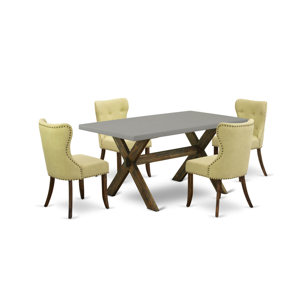 Juego de comedor de 5 piezas East West Furniture X796SI737-5. Incluye una mesa de comedor rectangular con patas en forma de X y 4 sillas Parson tapizadas en tela de lino Limelight.