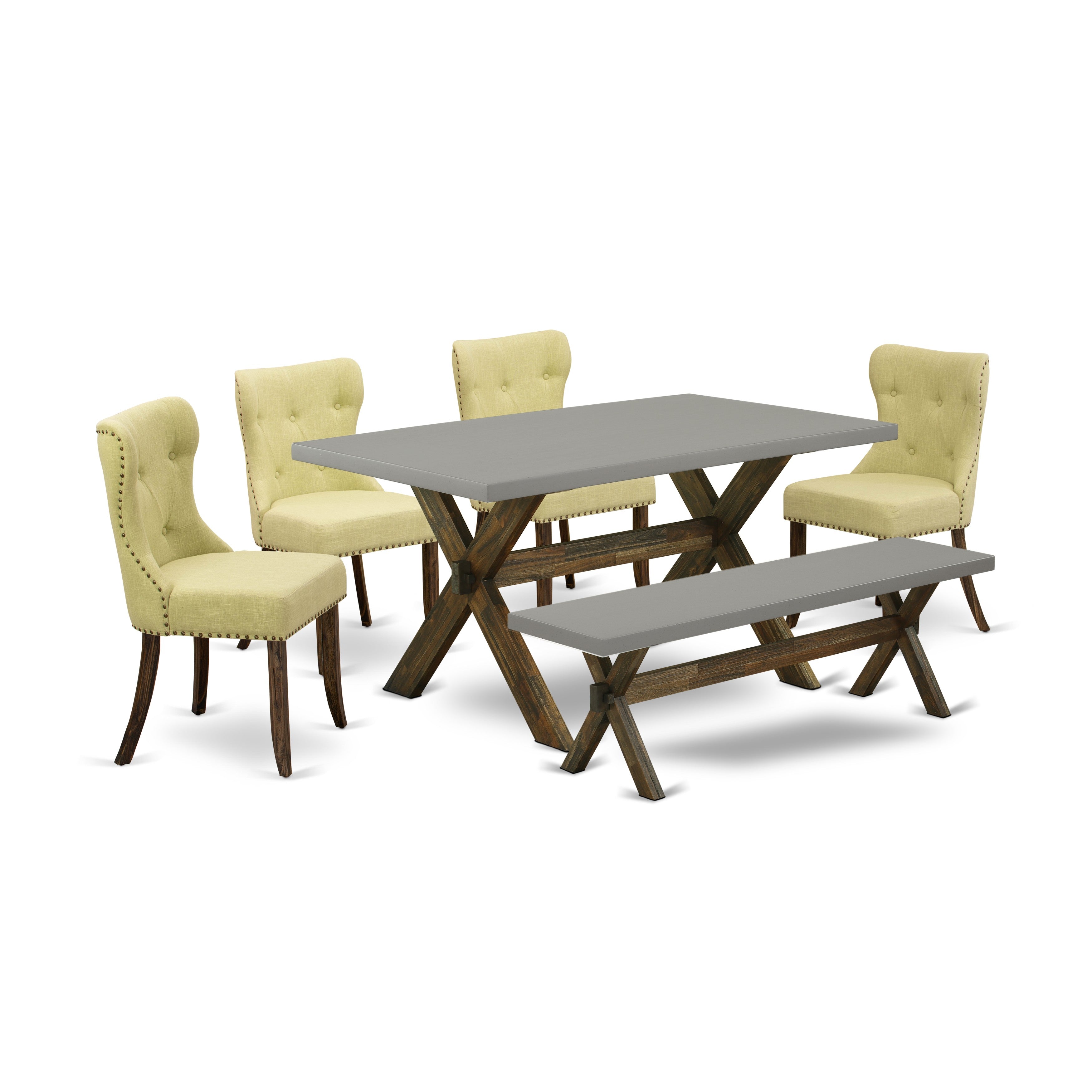 East West Furniture X796SI737-6 6-Piece Dining Room Table Set with Limelight Linen Fabric Seat and Button Tufted Chair Back Parson Chairs - Dining Table and Wooden Bench - Cement Finish