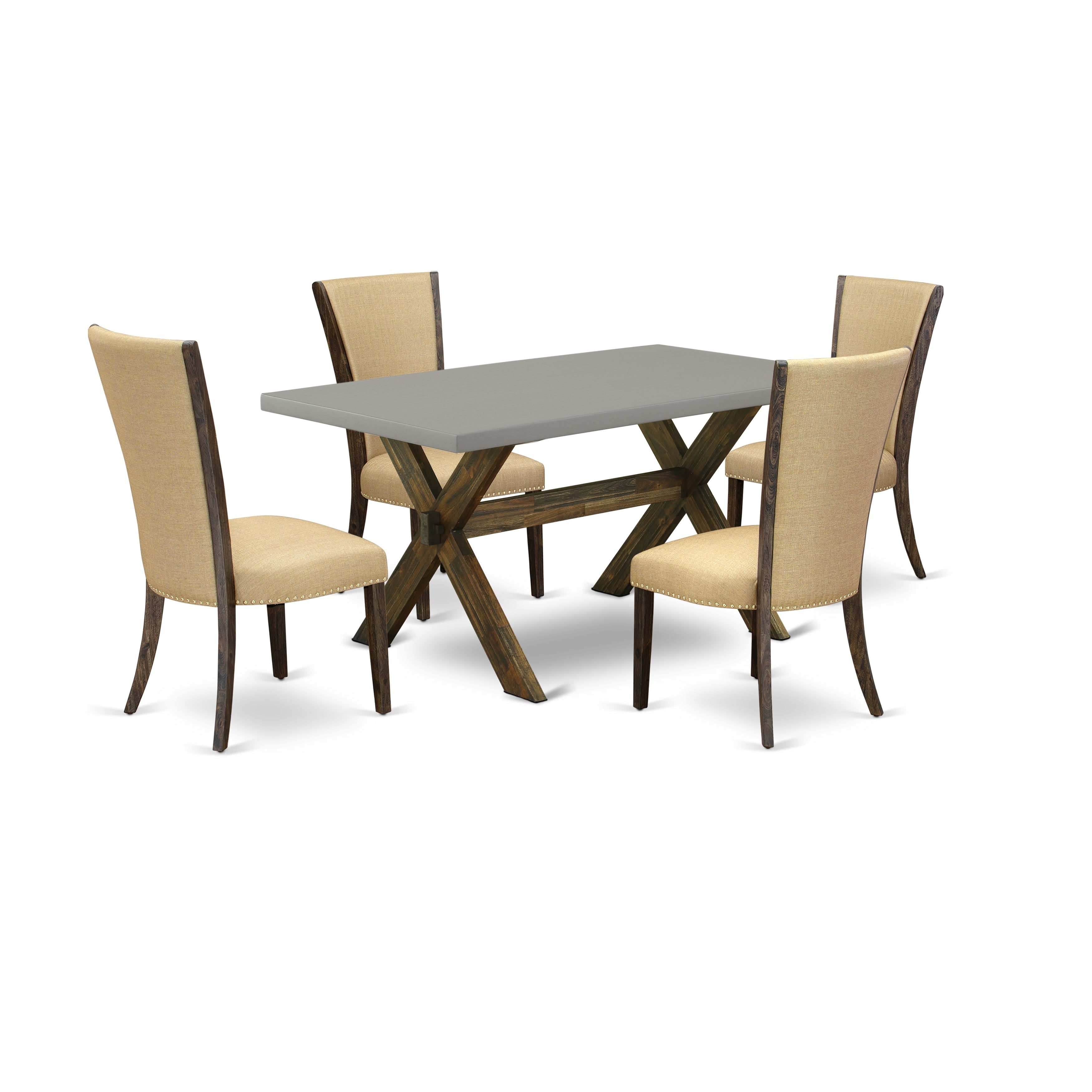 East West Furniture X796VE703-5 5Pc Dining Table Set Offers a Wood Dining Table and 4 Parson Chairs with Brown Color Linen Fabric, Medium Size Table with Full Back Chairs, Distressed Jacobean and Cement Finish