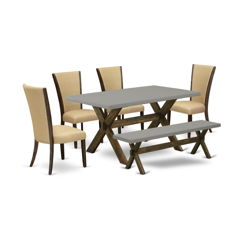 Juego de comedor de 6 piezas East West Furniture X796VE703-6. Contiene una mesa de comedor rectangular con patas en forma de X y 4 sillas Parson de tela de lino marrón con un banco.