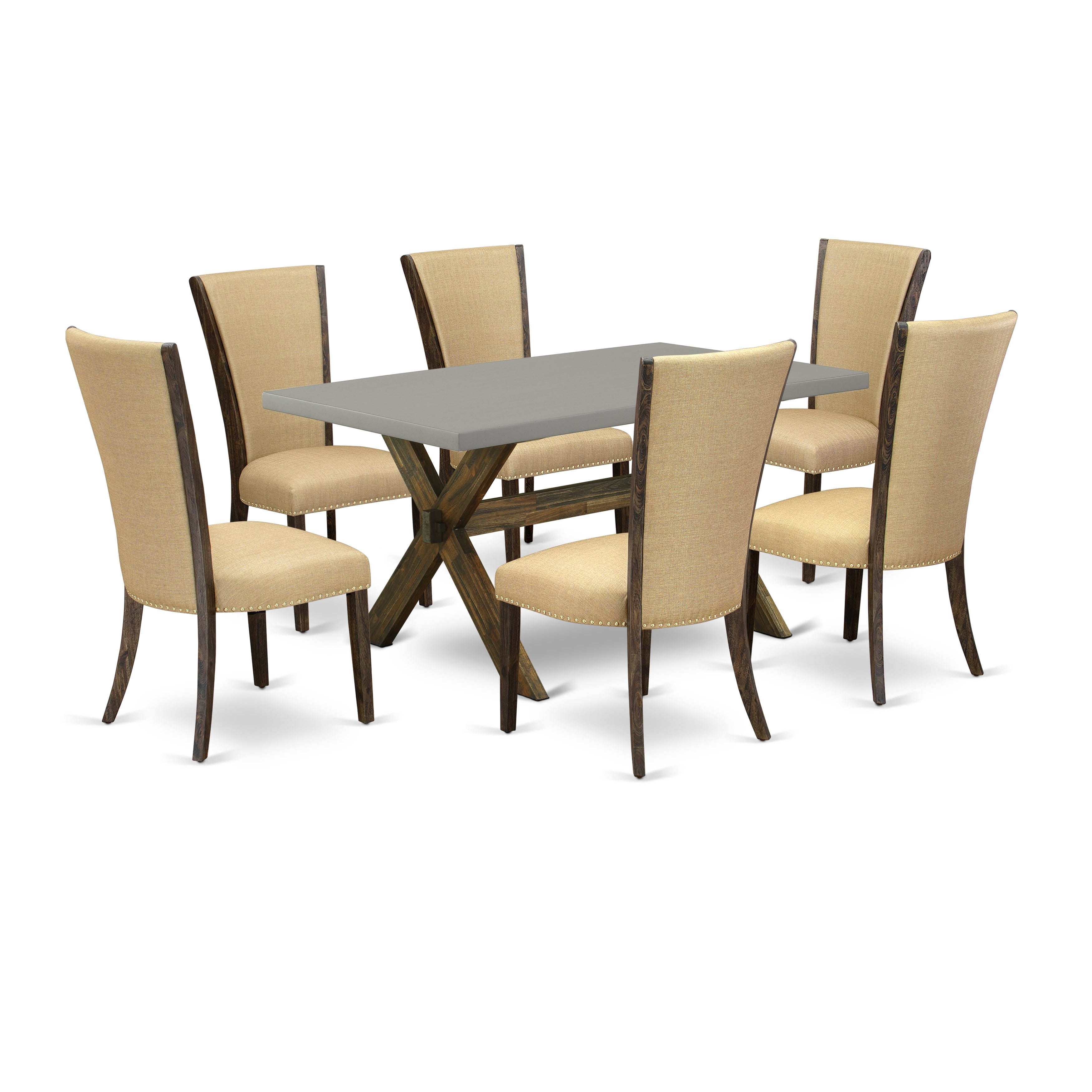 East West Furniture X796VE703-7 7Pc Dining Room Table Set Contains a Rectangle Table and 6 Parsons Chairs with Brown Color Linen Fabric, Medium Size Table with Full Back Chairs, Distressed Jacobean and Cement Finish