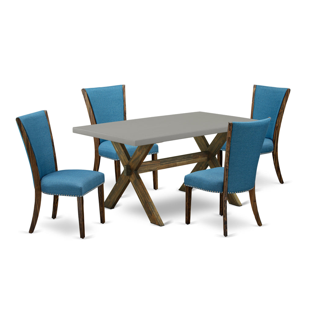 East West Furniture X796VE721-5 5 Piece Dining Room Table Set Includes a Rectangle Dining Table with X-Legs and 4 Blue Color Linen Fabric Upholstered Chairs