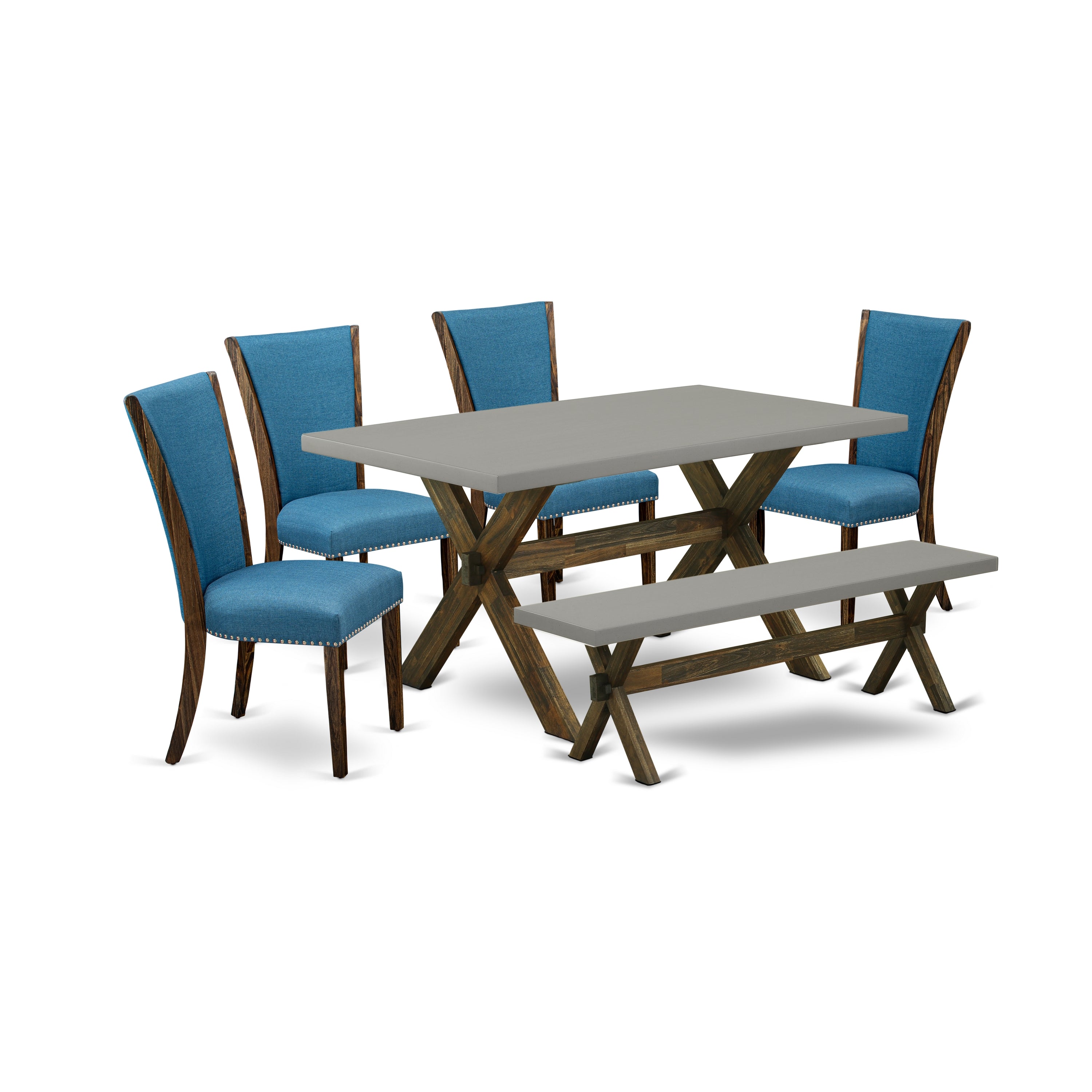 East West Furniture X796VE721-6 6 Piece Dining Room Table Set - 4 Blue Linen Fabric Upholstered Dining Chairs with Nailheads and Cement Dining Table - 1 Mid Century Bench - Distressed Jacobean Finish