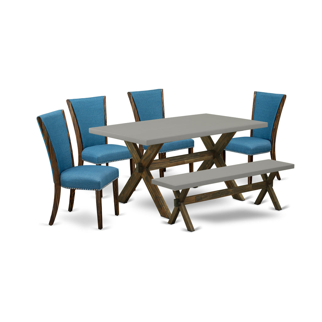 Juego de mesa de comedor de 6 piezas East West Furniture X796VE721-6. Contiene una mesa de cocina rectangular con patas en forma de X y 4 sillas Parson de tela de lino de color azul con un banco.