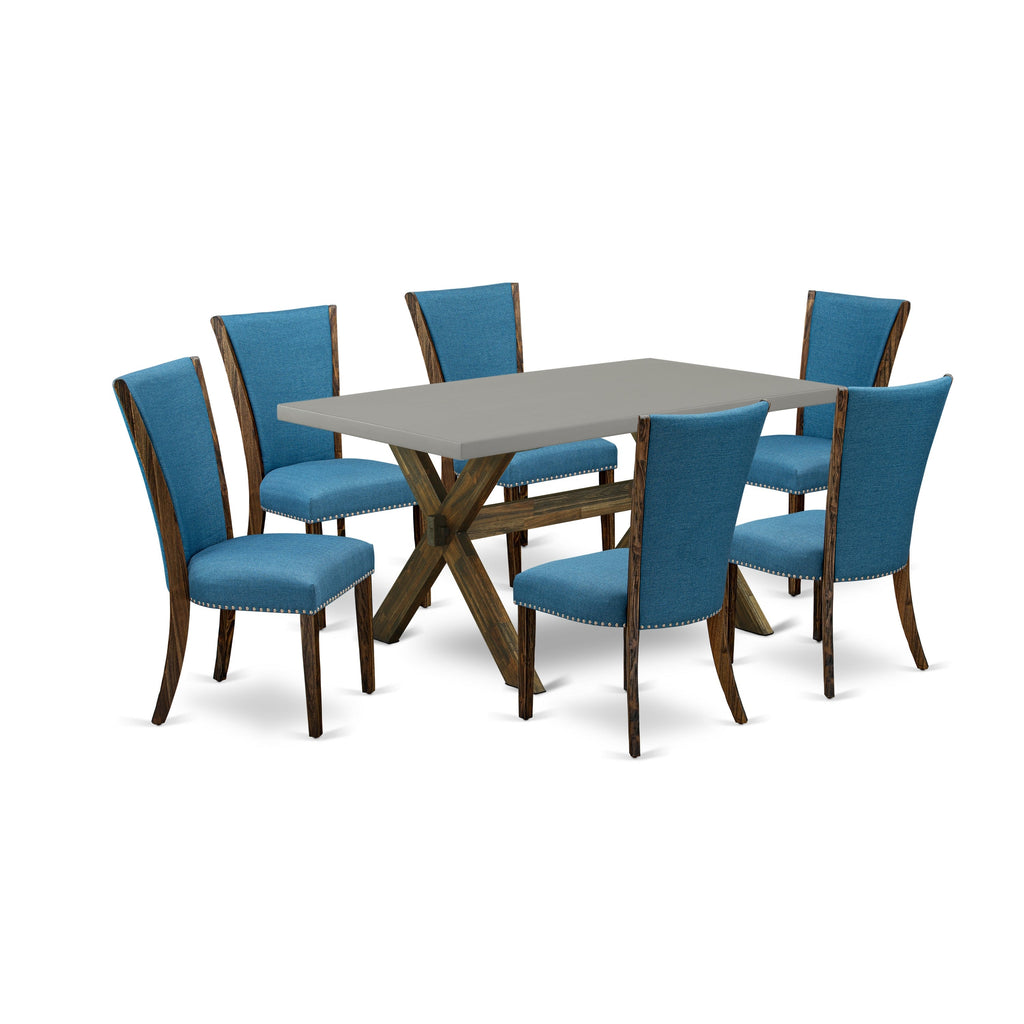 East West Furniture X796VE721-7 7 Piece Dinette Set Consist of a Rectangle Dining Table with X-Legs and 6 Blue Color Linen Fabric Parson Dining Room Chairs, 36x60 Inch, Multi-Color