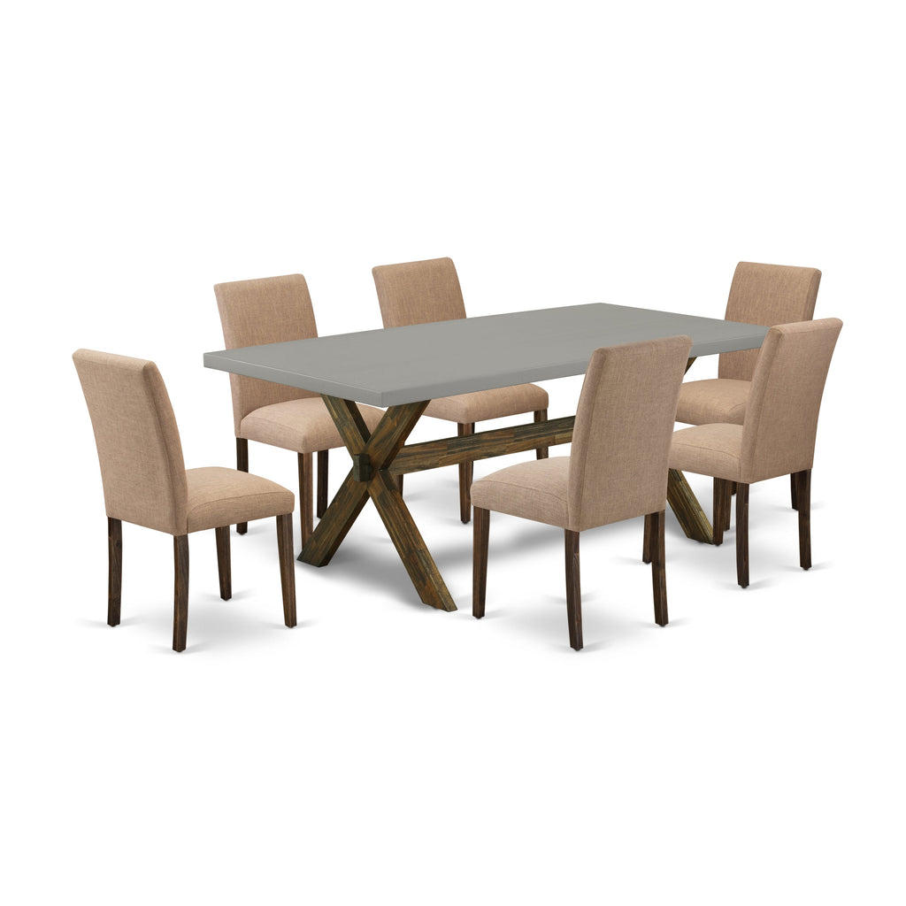 East West Furniture X797AB747-7 7 Piece Dining Table Set Consist of a Rectangle Dining Room Table with X-Legs and 6 Light Sable Linen Fabric Upholstered Chairs