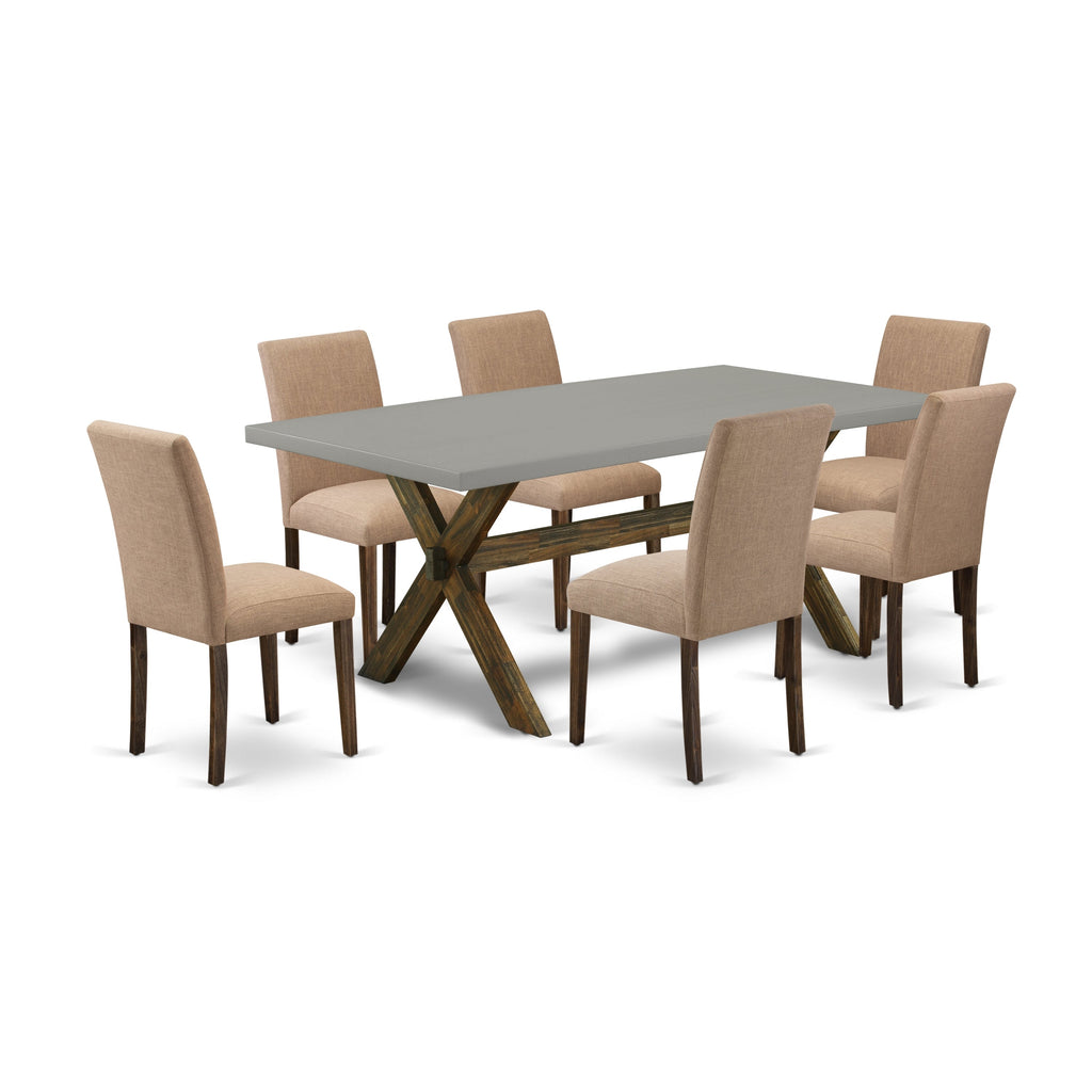 East West Furniture X797AB747-7 7 Piece Dining Table Set Consist of a Rectangle Dining Room Table with X-Legs and 6 Light Sable Linen Fabric Upholstered Chairs, 40x72 Inch, Multi-Color
