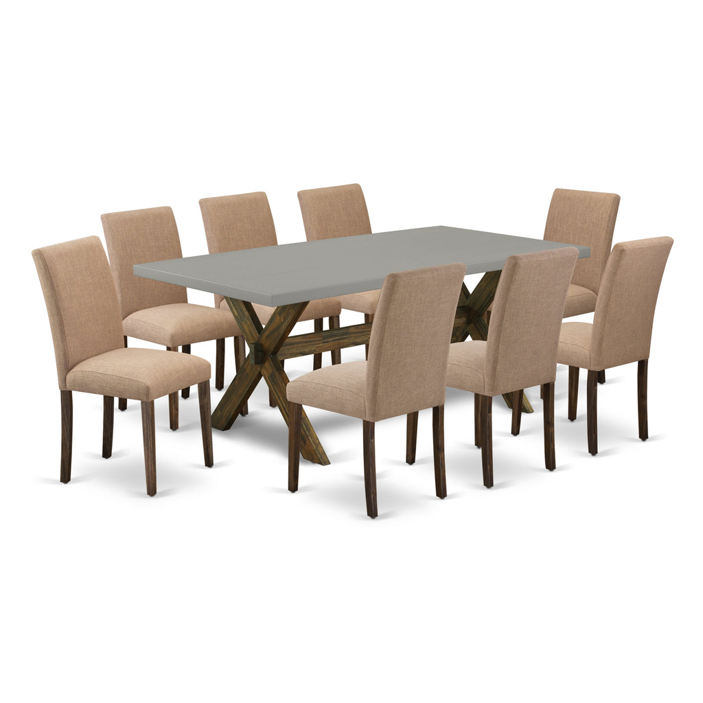 East West Furniture X797AB747-9 9 Piece Dining Room Set Includes a Rectangle Kitchen Table with X-Legs and 8 Light Sable Linen Fabric Upholstered Parson Chairs, 40x72 Inch, Multi-Color