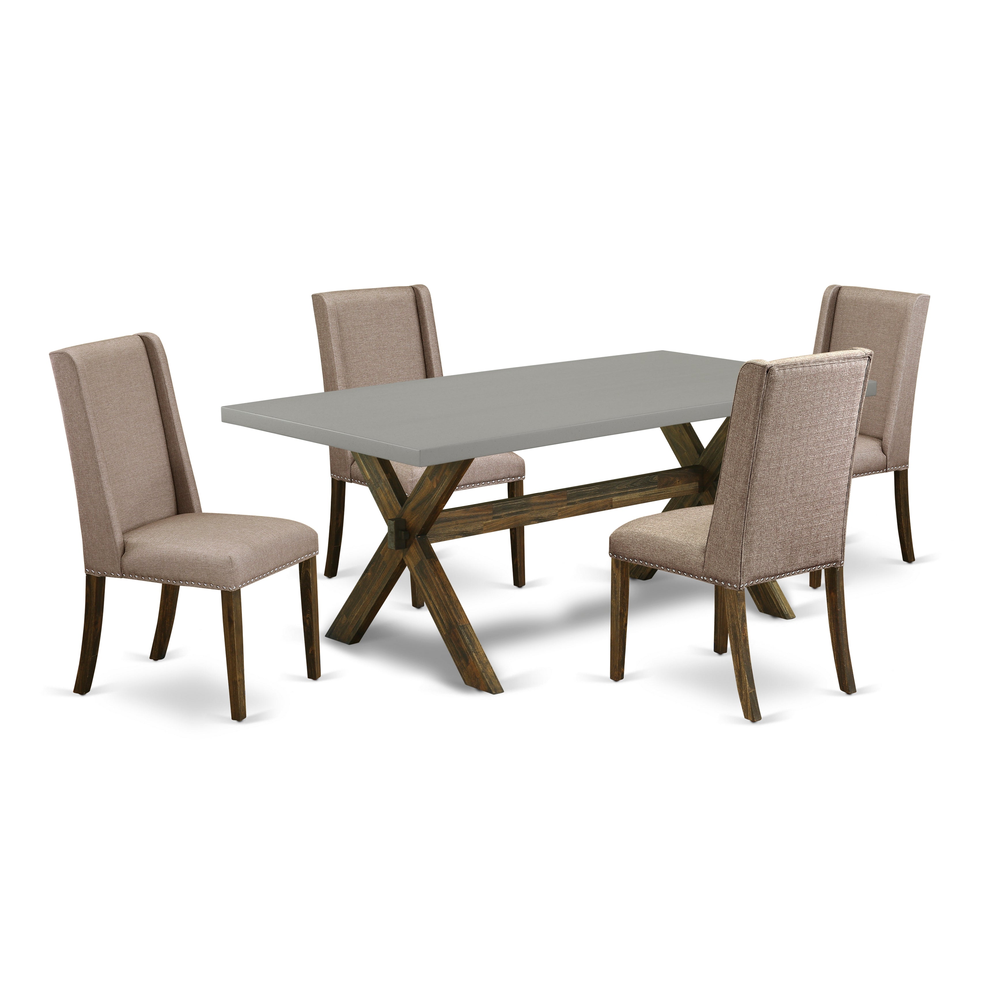 Juego de mesa de comedor East West Furniture X797FL716-5 de 5 piezas para 4 personas. Incluye una mesa de cocina rectangular con patas en forma de X y 4 sillas de comedor Parson de tela de lino color caqui oscuro.