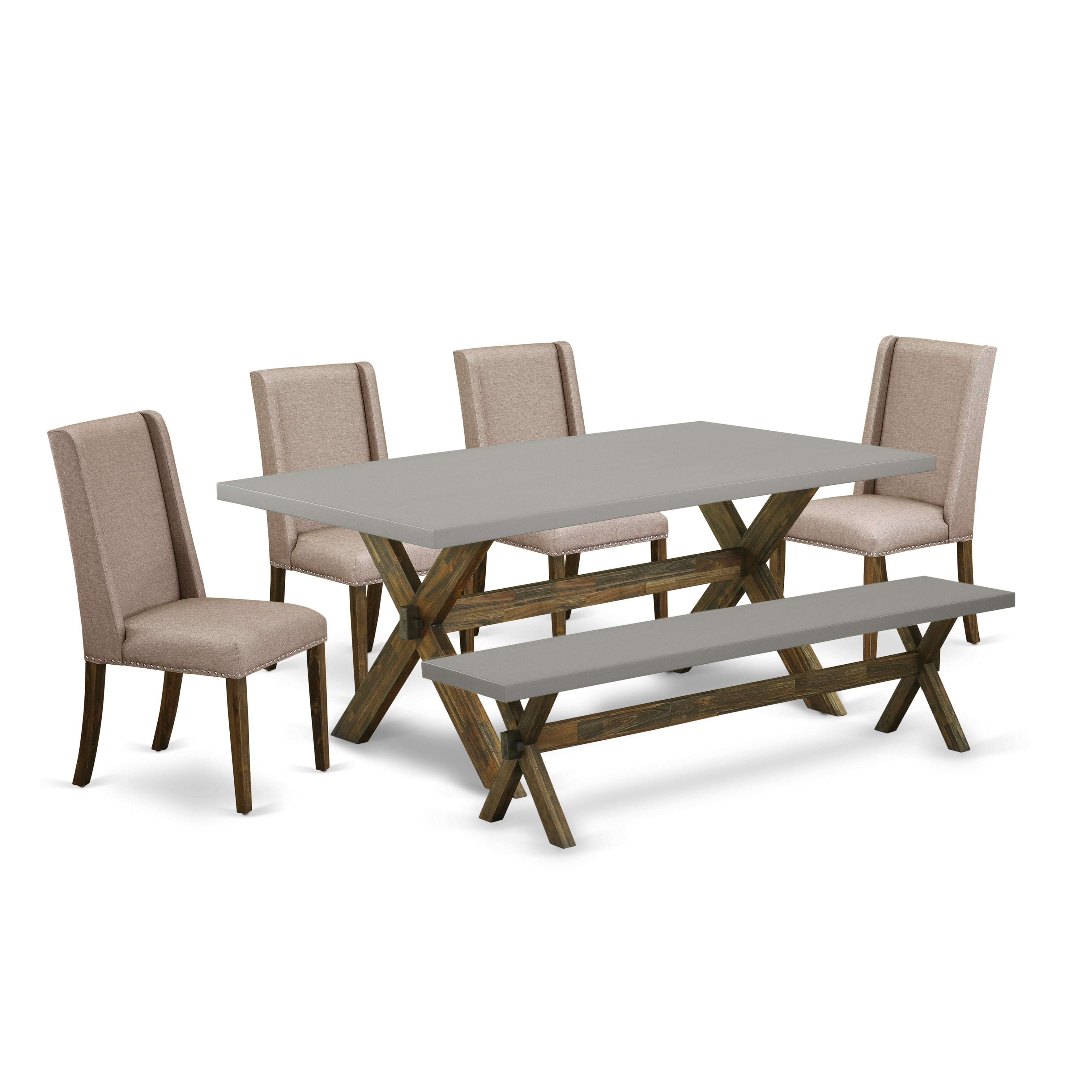 East West Furniture X797FL716-6 6-Pc Modern Dinette Set a Glorious Cement Color Dining Table top and a Gorgeous Bench and 4 beautiful Kitchen Parson Chair with Nai Nail Heads Heads and High Stylish Chair Back, Distressed Jacobean Finish