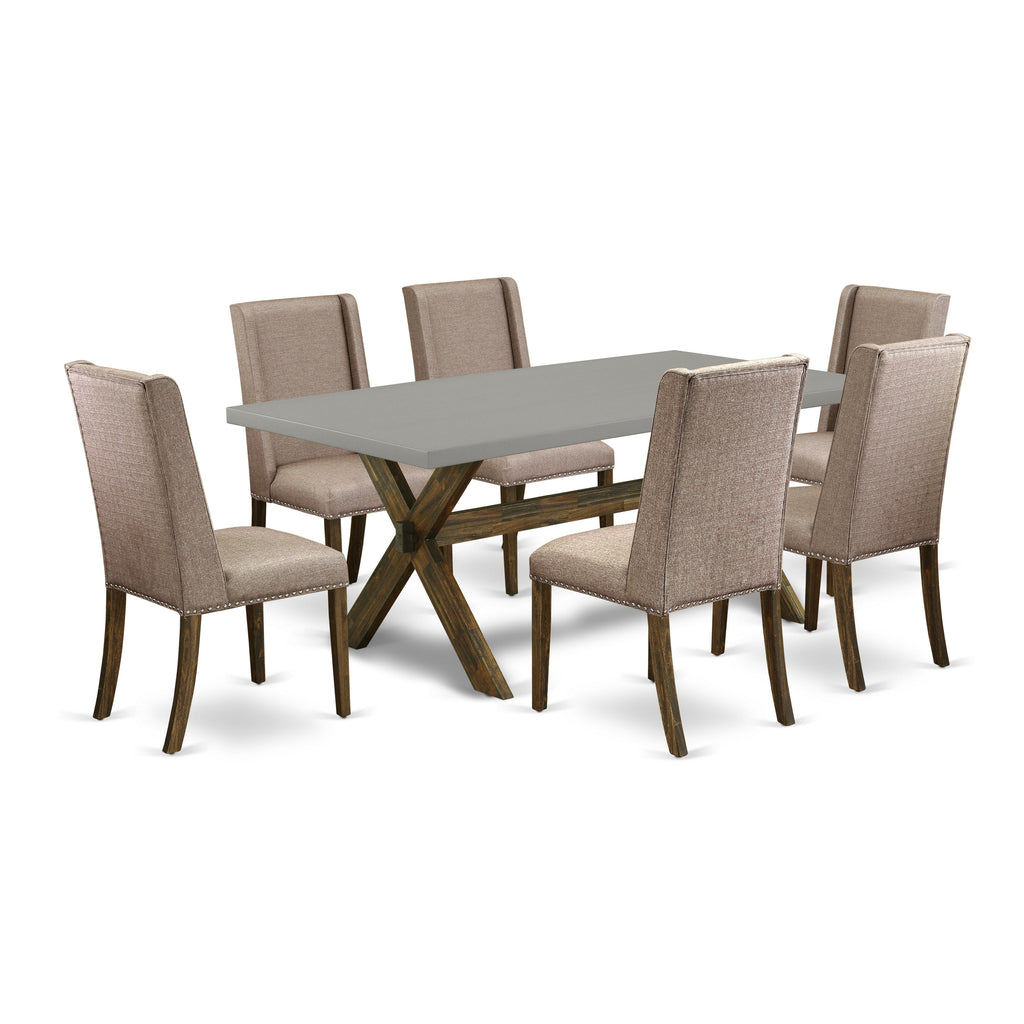 East West Furniture X797FL716-7 7 Piece Dining Table Set Consist of a Rectangle Kitchen Table with X-Legs and 6 Dark Khaki Linen Fabric Upholstered Chairs