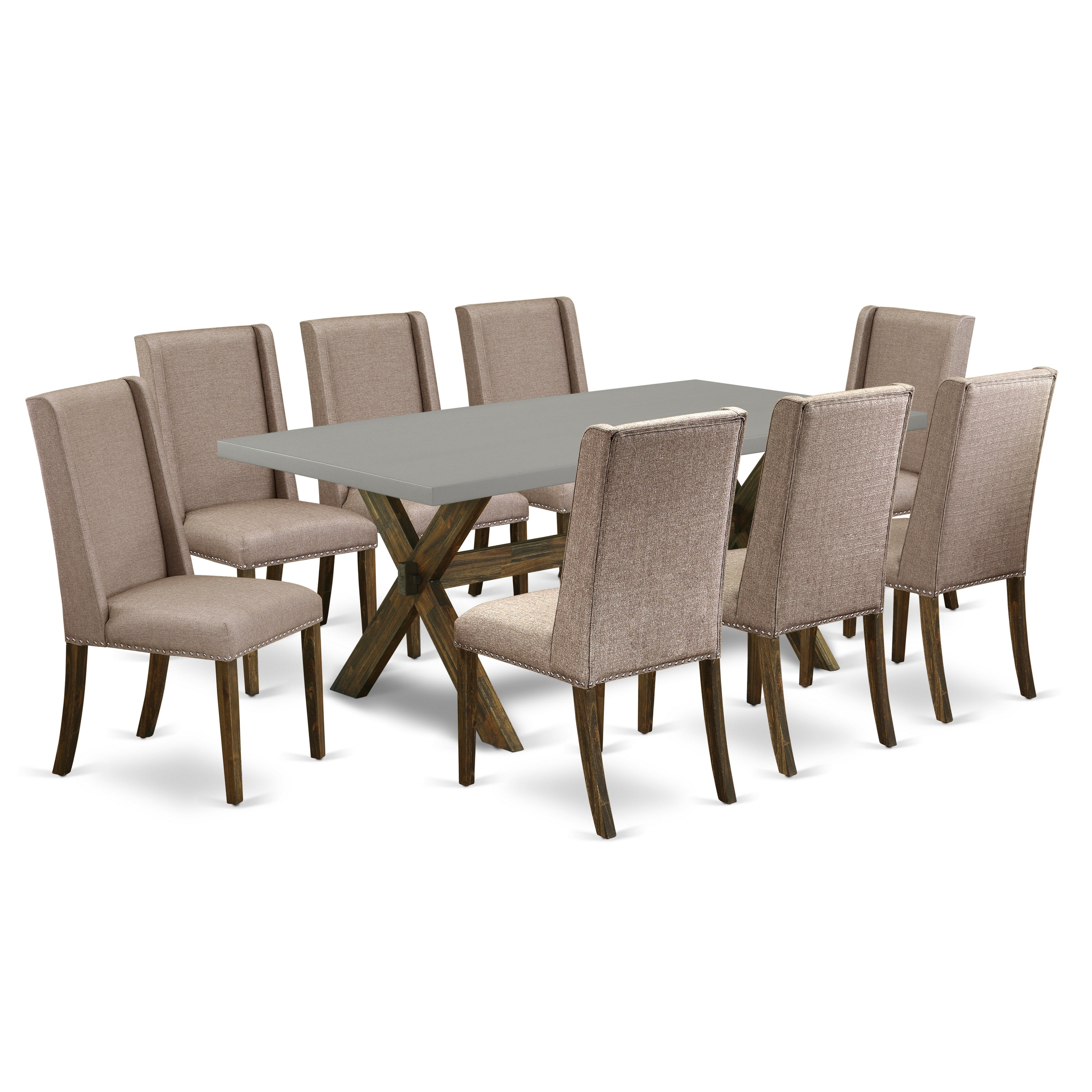 East West Furniture X797FL716-9 9-Pc Fantastic Cement Mid Century Dining Table top and 8 Beautiful Parson Dining chairs with Nail Heads and Curved Back, Distressed Jacobean Finish