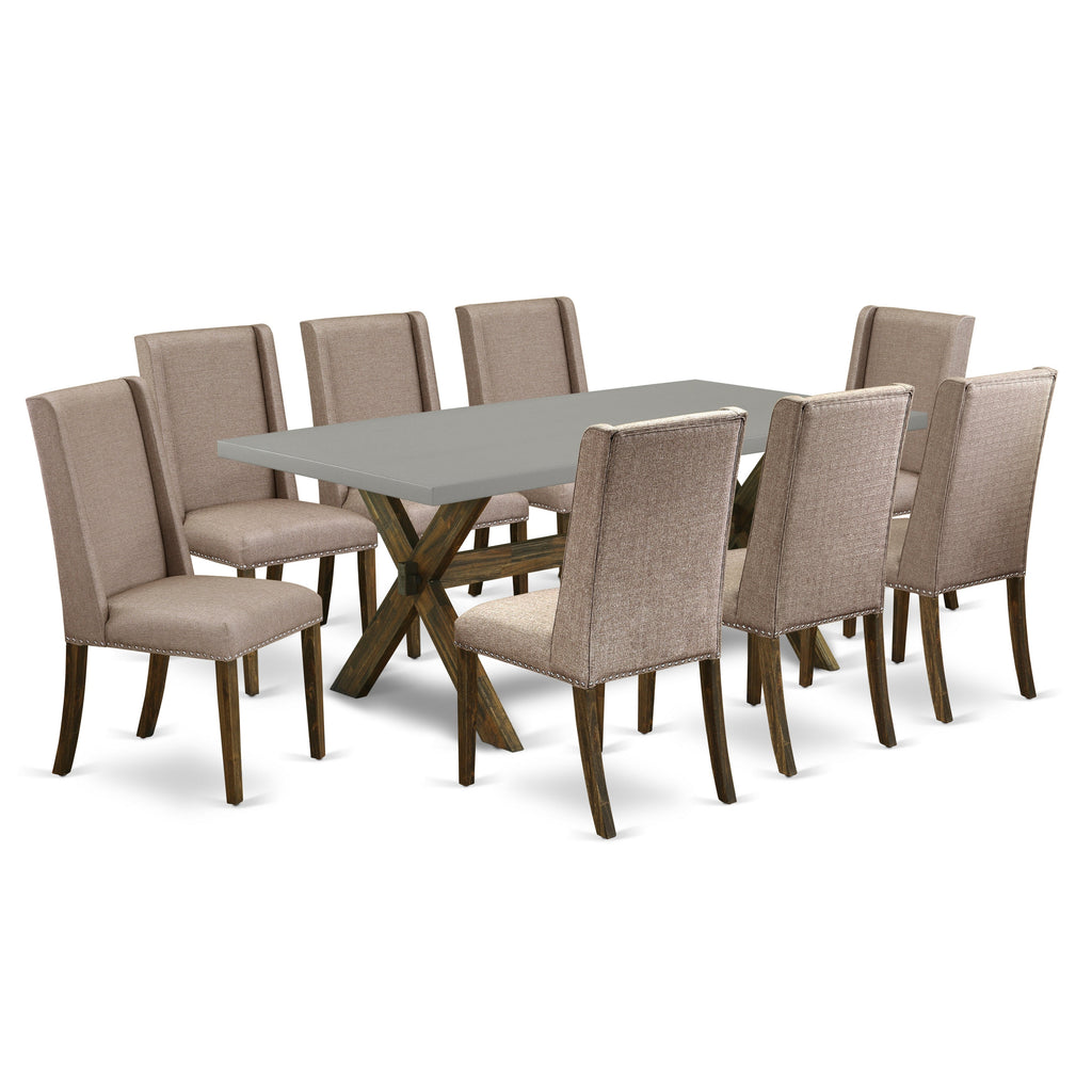 East West Furniture X797FL716-9 9 Piece Dining Set Includes a Rectangle Dining Room Table with X-Legs and 8 Dark Khaki Linen Fabric Upholstered Parson Chairs, 40x72 Inch, Multi-Color