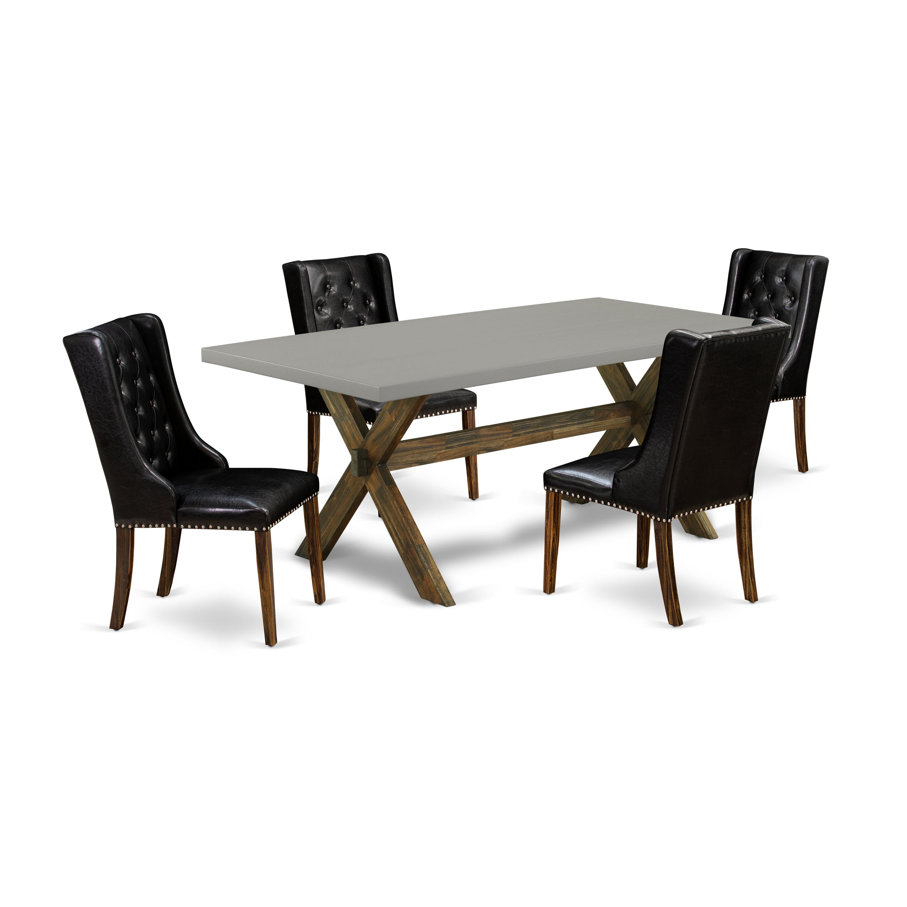 East West Furniture X797FO749-5 5 Piece Dining Room Set - 4 Black Pu faux Leather Padded Chair Button Tufted with Nail heads and Kitchen Table - Distressed Jacobean Finish