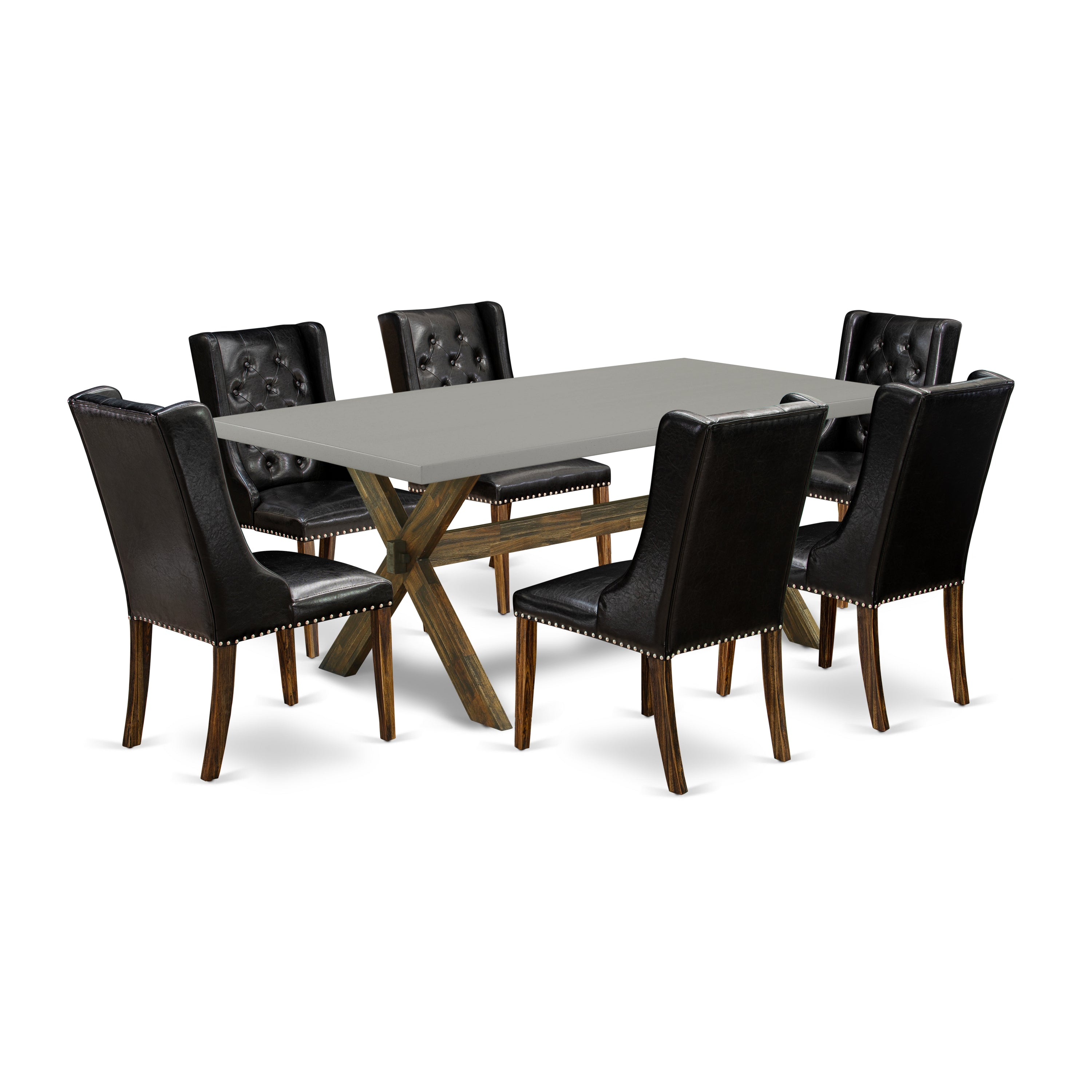 Juego de mesa de cocina de 7 piezas East West Furniture X797FO749-7 compuesto por una mesa de comedor rectangular con patas en forma de X y 6 sillas de comedor Parson de piel sintética negra.