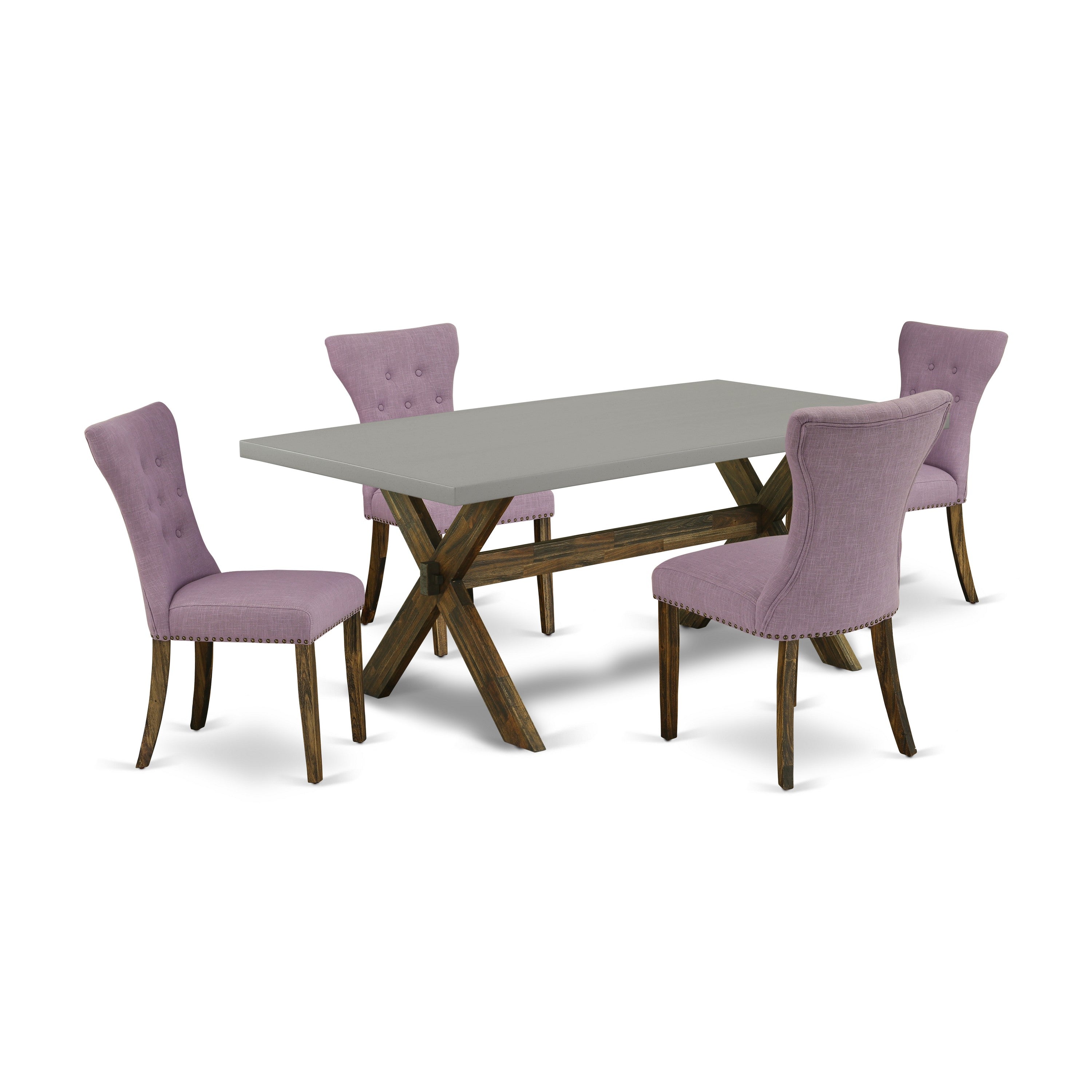 East West Furniture X797GA740-5 5-Pc Kitchen Dining Table SetIncluded 4 Parson Dining chairs Upholstered Seat and High Button Tufted Chair Back and rectangular Dining Table with Cement Color Dining Table top (Distressed Jacobean Finish)