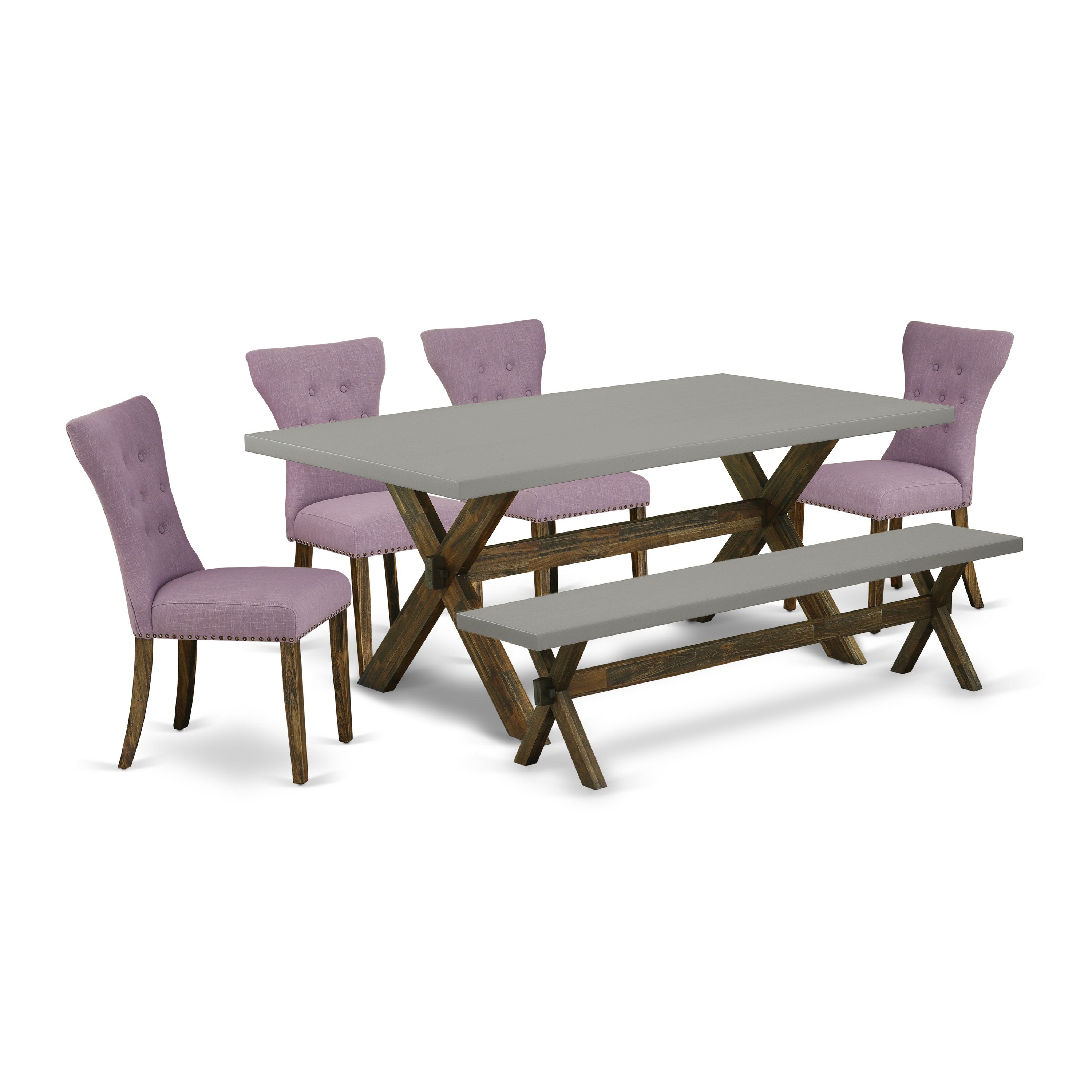 Juego de comedor de 6 piezas East West Furniture X797GA740-6. Contiene una mesa de comedor rectangular con patas en forma de X y 4 sillas Parson de tela de lino Dahlia con un banco.