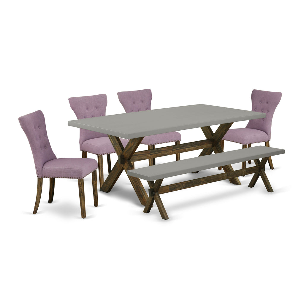 East West Furniture X797GA740-6 6 Piece Dinette Set Contains a Rectangle Dining Table with X-Legs and 4 Dahlia Linen Fabric Parson Chairs with a Bench