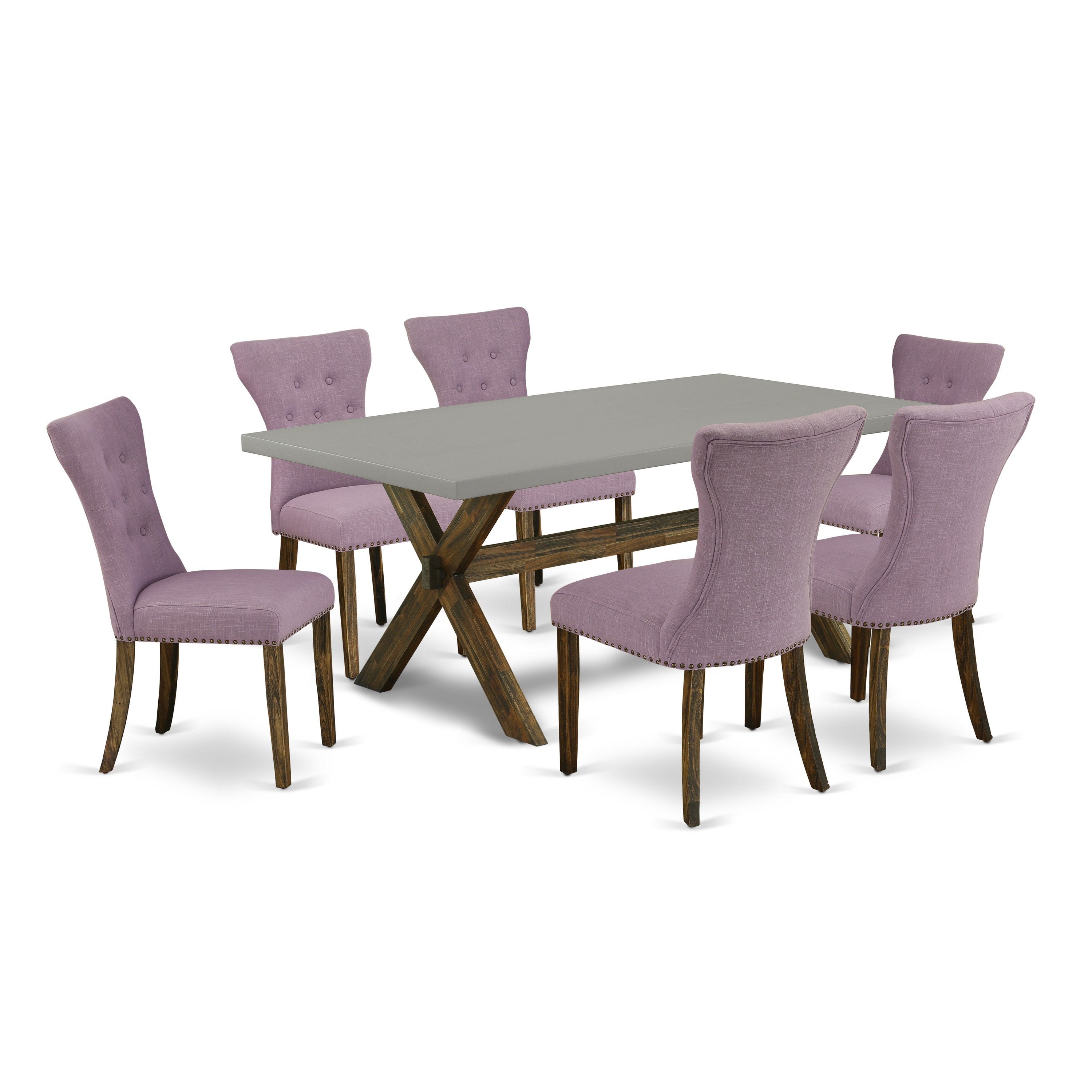 Juego de mesa de comedor moderno East West Furniture X797GA740-7 de 7 piezas compuesto por una mesa rectangular de madera con patas en forma de X y 6 sillas tapizadas en tela de lino Dahlia.
