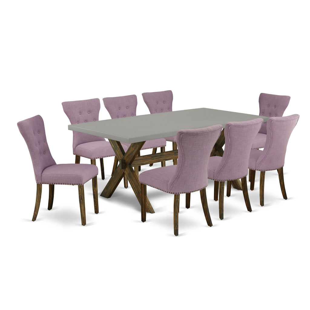 East West Furniture X797GA740-9 9 Piece Dining Room Furniture Set Includes a Rectangle Dining Table with X-Legs and 8 Dahlia Linen Fabric Parsons Chairs