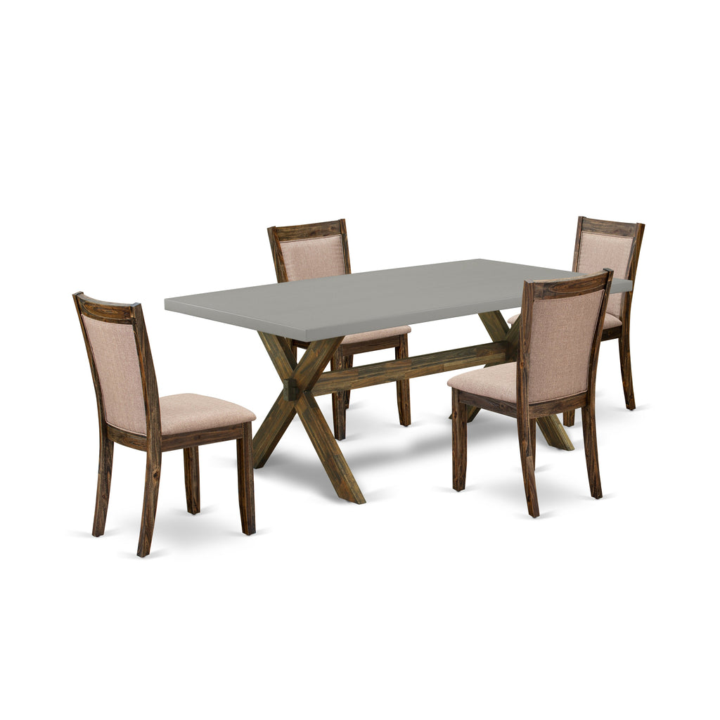 Juego de mesa de cocina de 5 piezas East West Furniture X797MZ716-5 para 4 personas. Incluye una mesa de comedor rectangular con patas en forma de X y 4 sillas tapizadas en tela de lino color caqui oscuro.