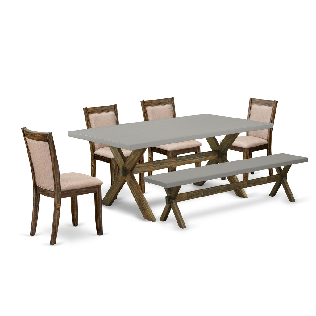 Juego de mesa de comedor de 6 piezas East West Furniture X797MZ716-6. Contiene una mesa de cocina rectangular con patas en forma de X y 4 sillas Parson de tela de lino color caqui oscuro con un banco.