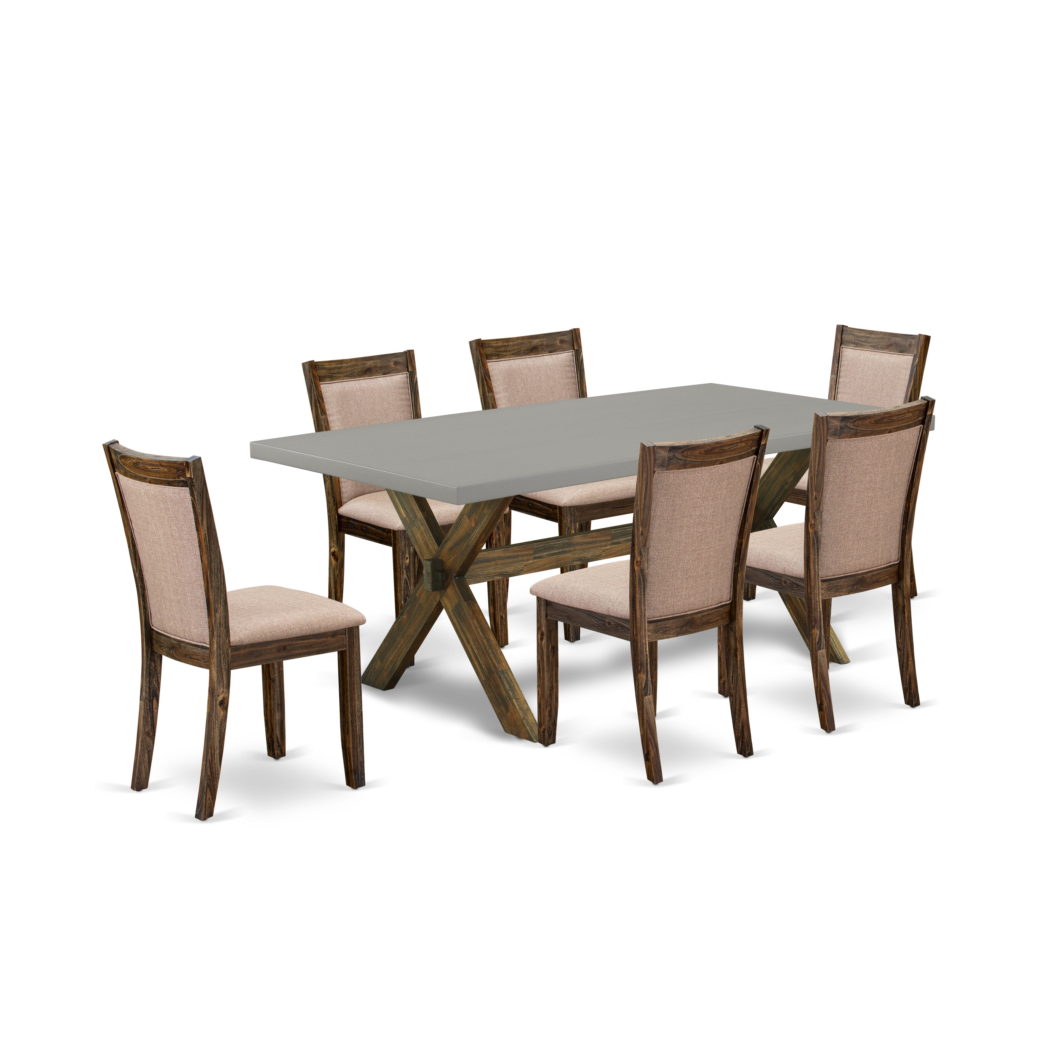 East West Furniture X797MZ716-7 7 Piece Contemporary Dining Table Set - A Cement Top Breakfast Table with Trestle Base and 6 Dark Khaki Linen Fabric Wood Dining Chairs - Distressed Jacobean Finish