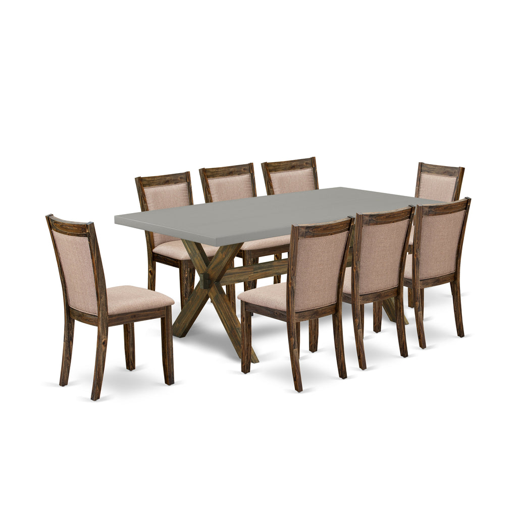 El juego de mesa de cocina de 9 piezas East West Furniture X797MZ716-9 incluye una mesa de comedor rectangular con patas en forma de X y 8 sillas de comedor Parson de tela de lino color caqui oscuro.
